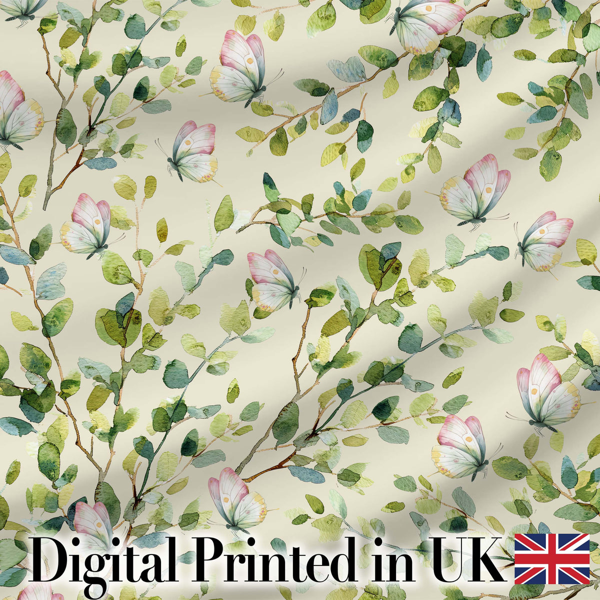 Elegant Watercolor Butterflies and Green Leaves on Soft Cream Seamless Pattern Digital Print Fabric by the Metre UK Sewing Quilting Textile