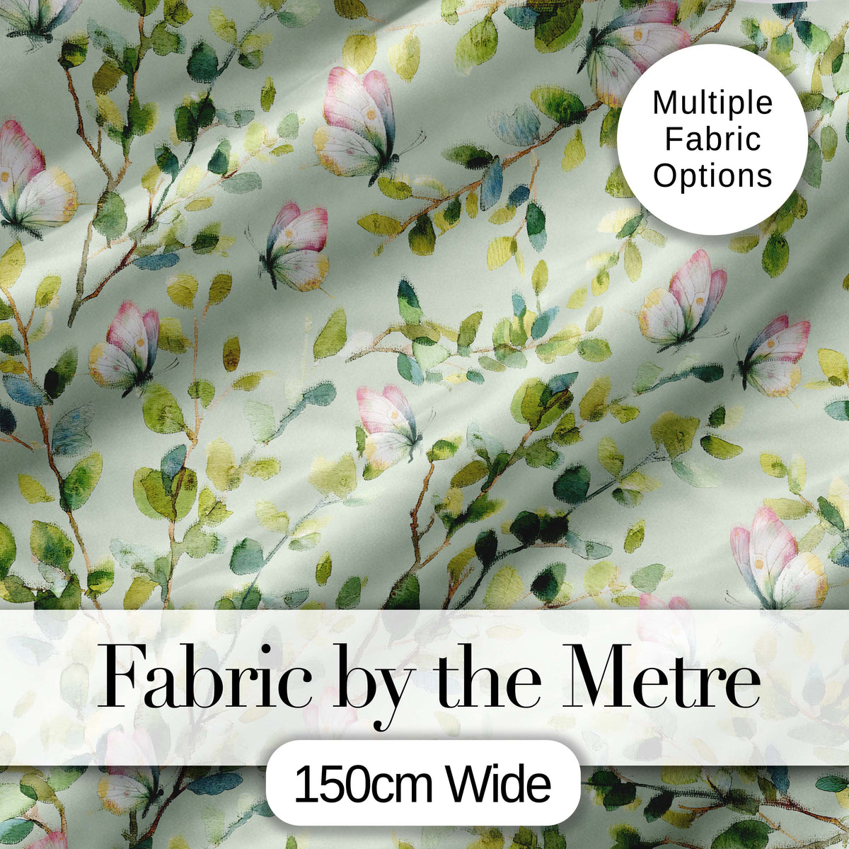 Elegant Watercolor Butterflies and Green Leaves on Sage Green Seamless Pattern Digital Print Fabric by the Metre UK Sewing Quilting Textile