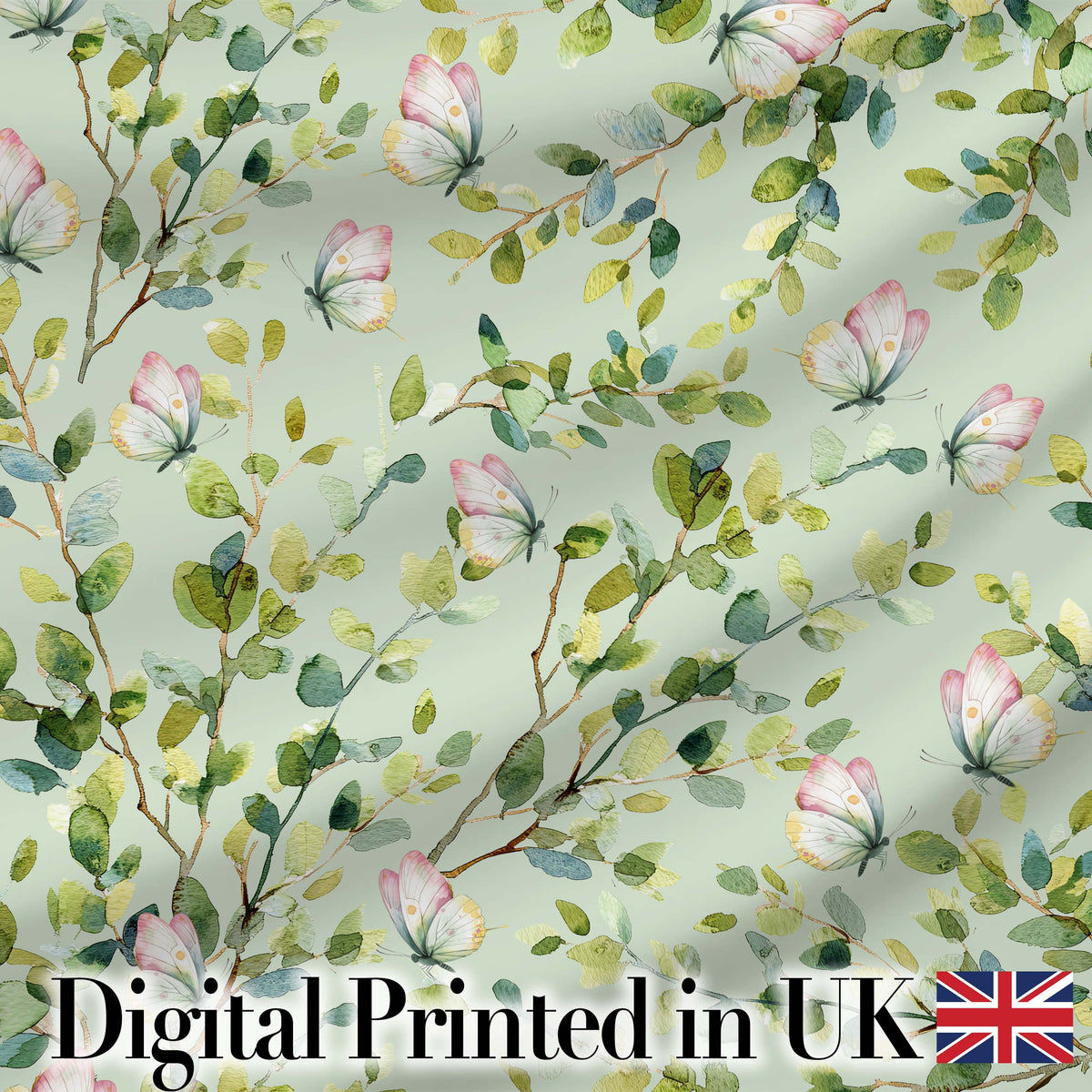 Elegant Watercolor Butterflies and Green Leaves on Sage Green Seamless Pattern Digital Print Fabric by the Metre UK Sewing Quilting Textile
