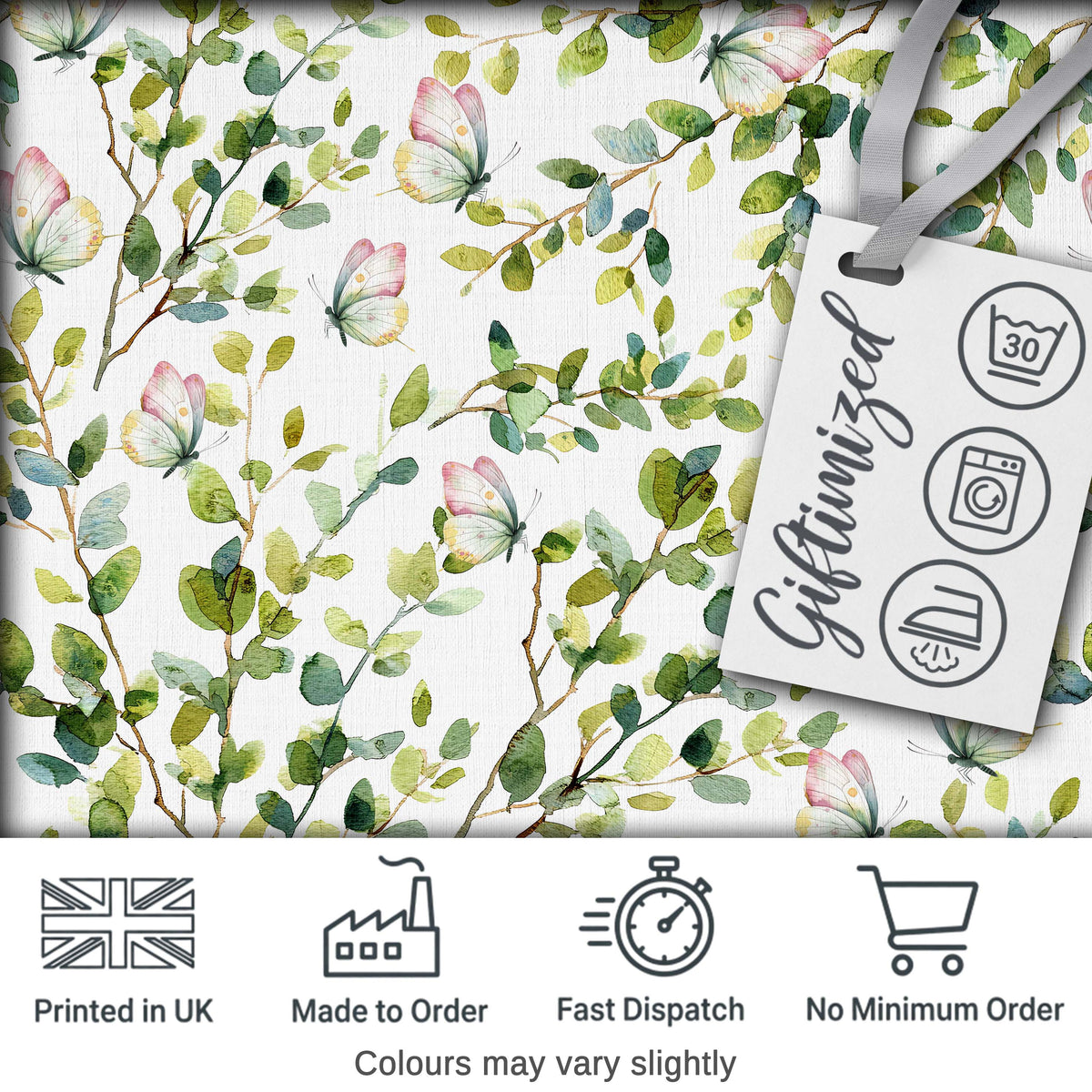 Watercolor Butterflies and Green Leaves on Soft Grey Seamless Pattern Digital Print Fabric by the Metre UK Sewing Quilting Textile