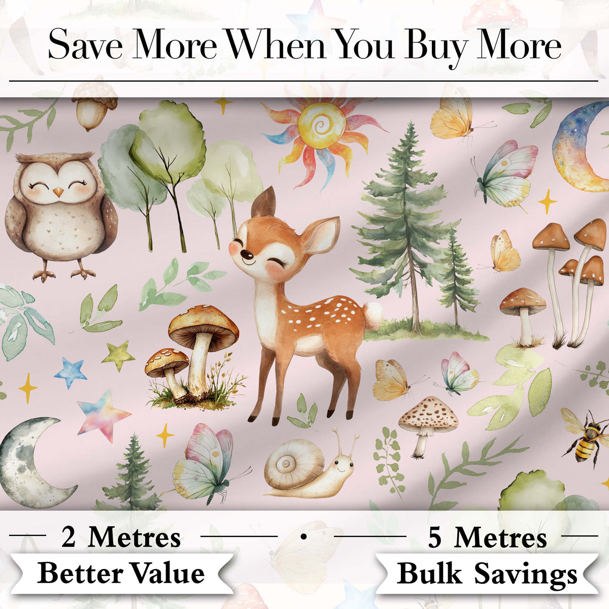 Woodland Deer Owl Mushrooms and Stars on Blush Pink Seamless Pattern Digital Print Fabric by the Metre UK Sewing Quilting Textile