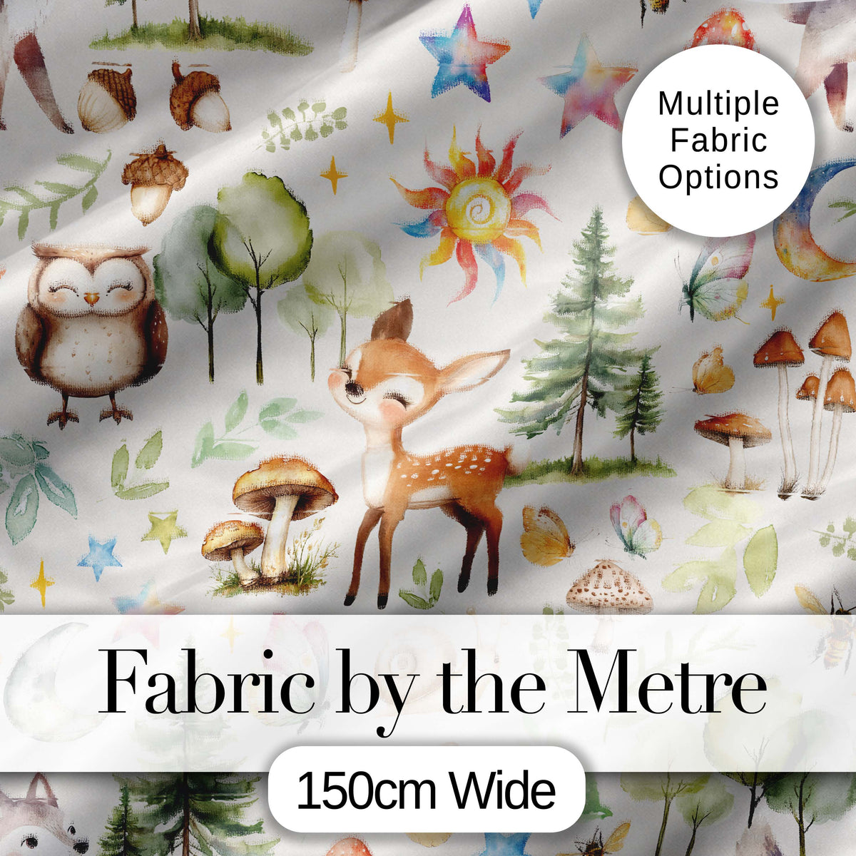 Woodland Deer Owl Mushrooms and Stars on Light Beige Seamless Pattern Digital Print Fabric by the Metre UK Sewing Quilting Textile