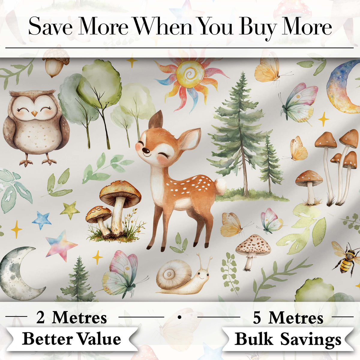 Woodland Deer Owl Mushrooms and Stars on Light Beige Seamless Pattern Digital Print Fabric by the Metre UK Sewing Quilting Textile