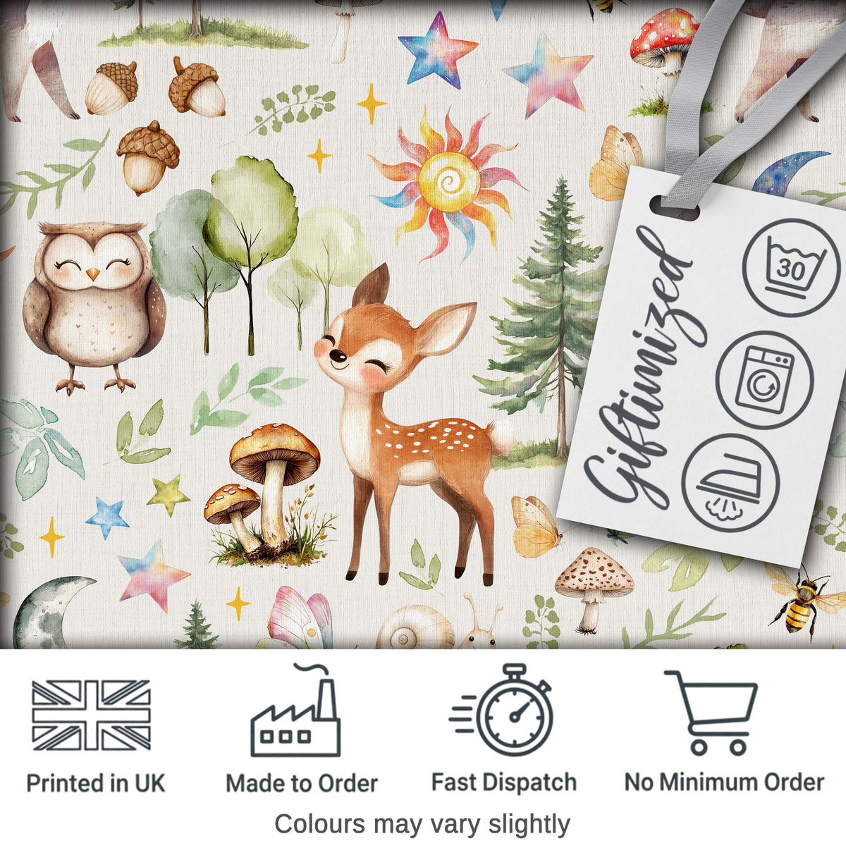 Woodland Deer Owl Mushrooms and Stars on Light Beige Seamless Pattern Digital Print Fabric by the Metre UK Sewing Quilting Textile