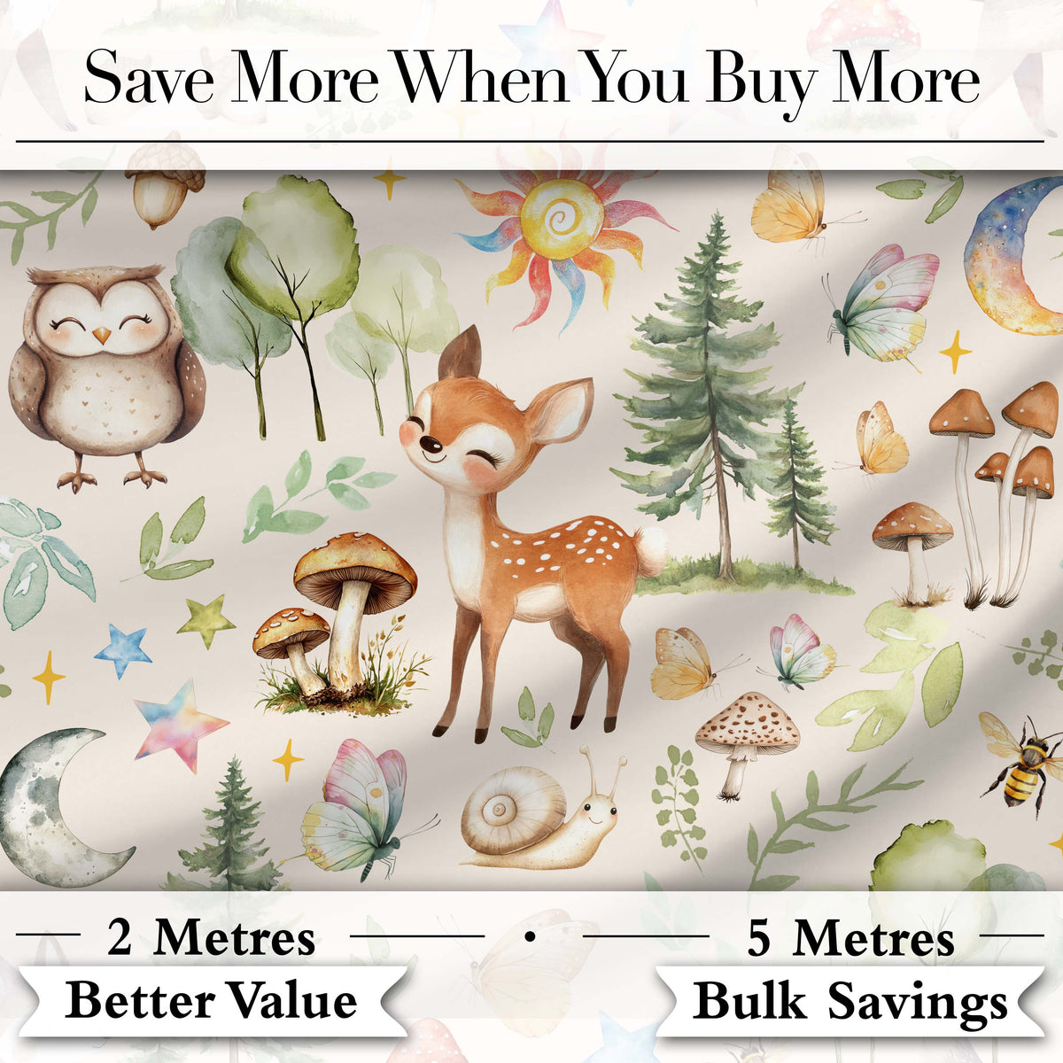 Woodland Deer Owl Mushrooms and Stars on Warm Neutral Seamless Pattern Digital Print Fabric by the Metre UK Sewing Quilting Textile