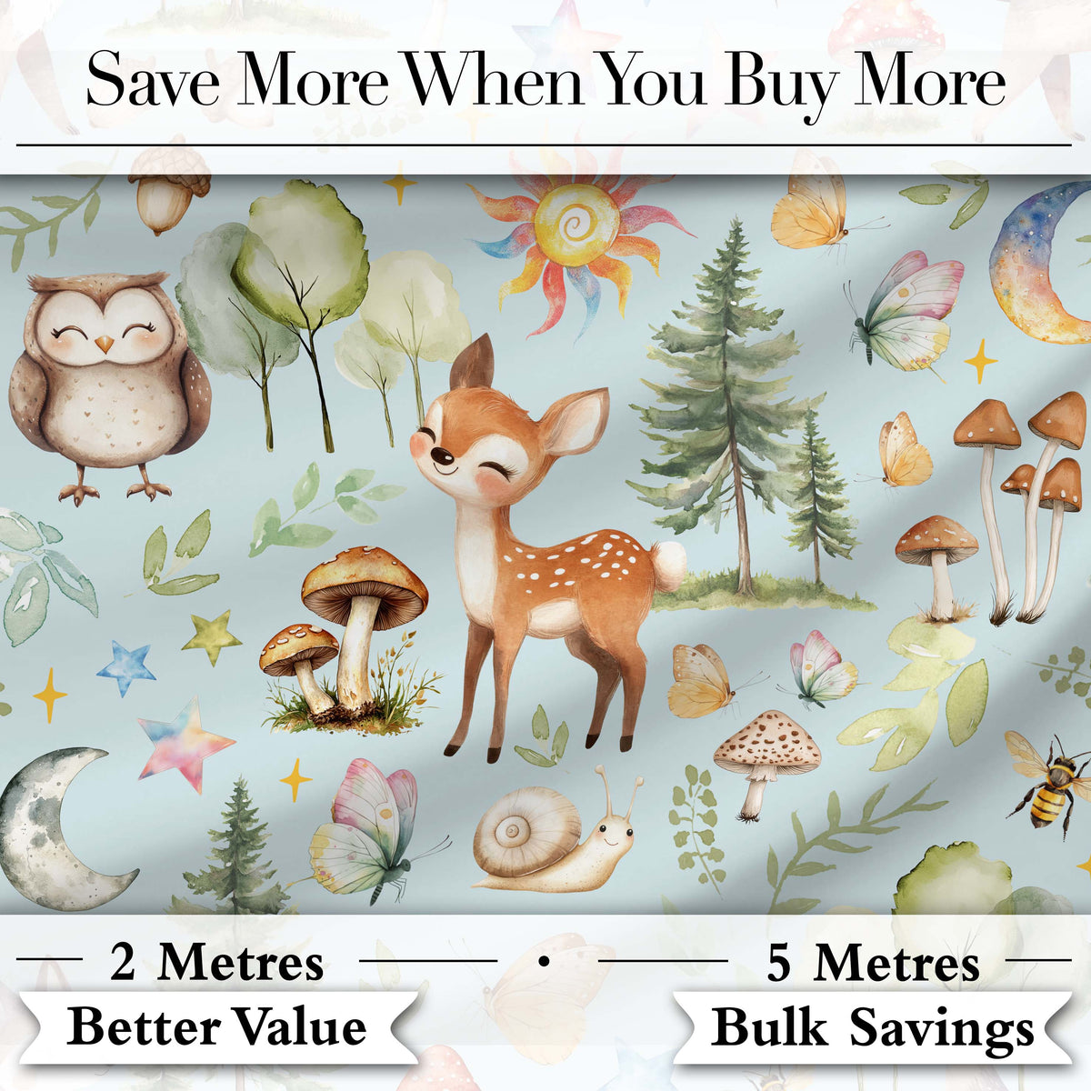Woodland Deer Owl Mushrooms and Stars on Light Blue Seamless Pattern Digital Print Fabric by the Metre UK Sewing Quilting Textile