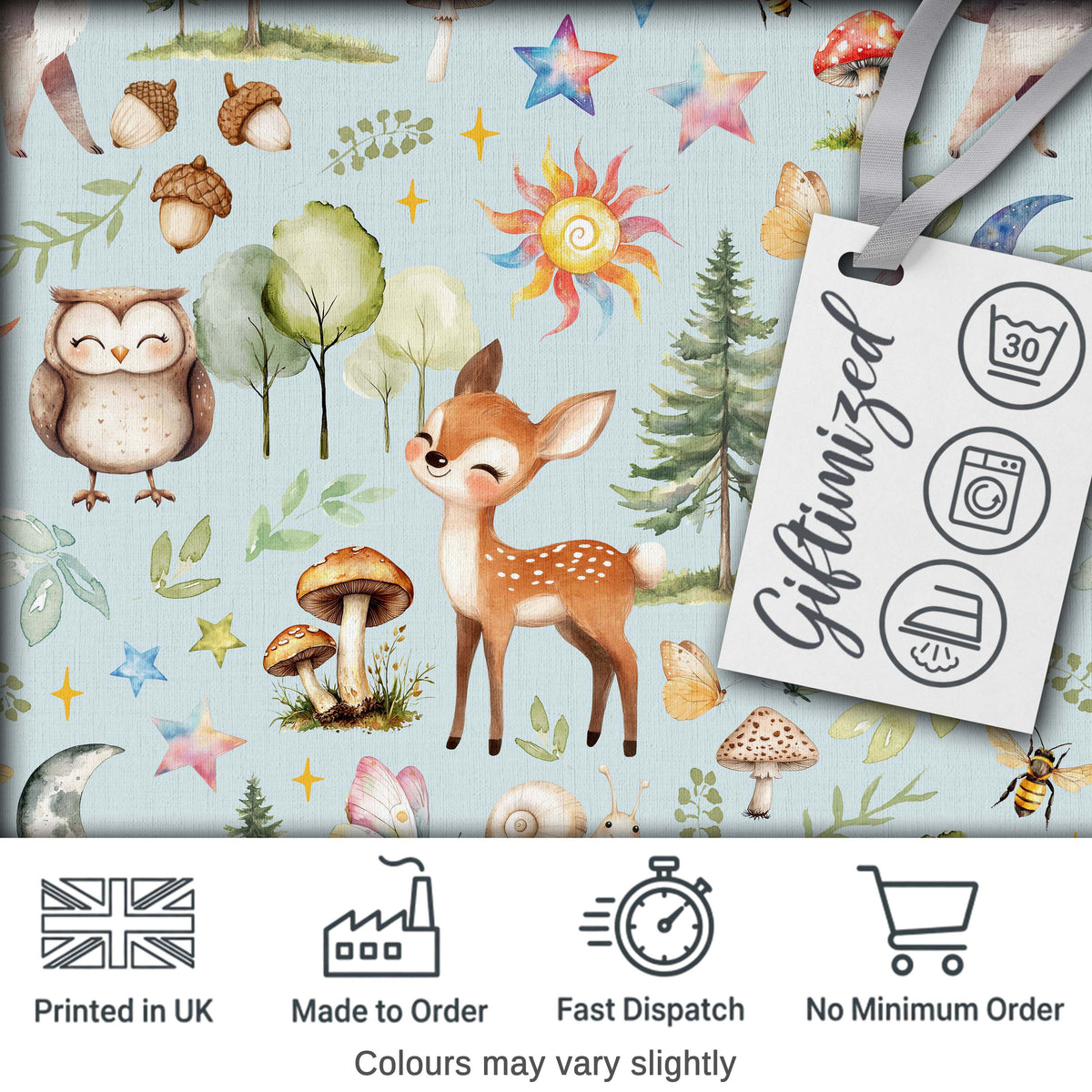 Woodland Deer Owl Mushrooms and Stars on Light Blue Seamless Pattern Digital Print Fabric by the Metre UK Sewing Quilting Textile
