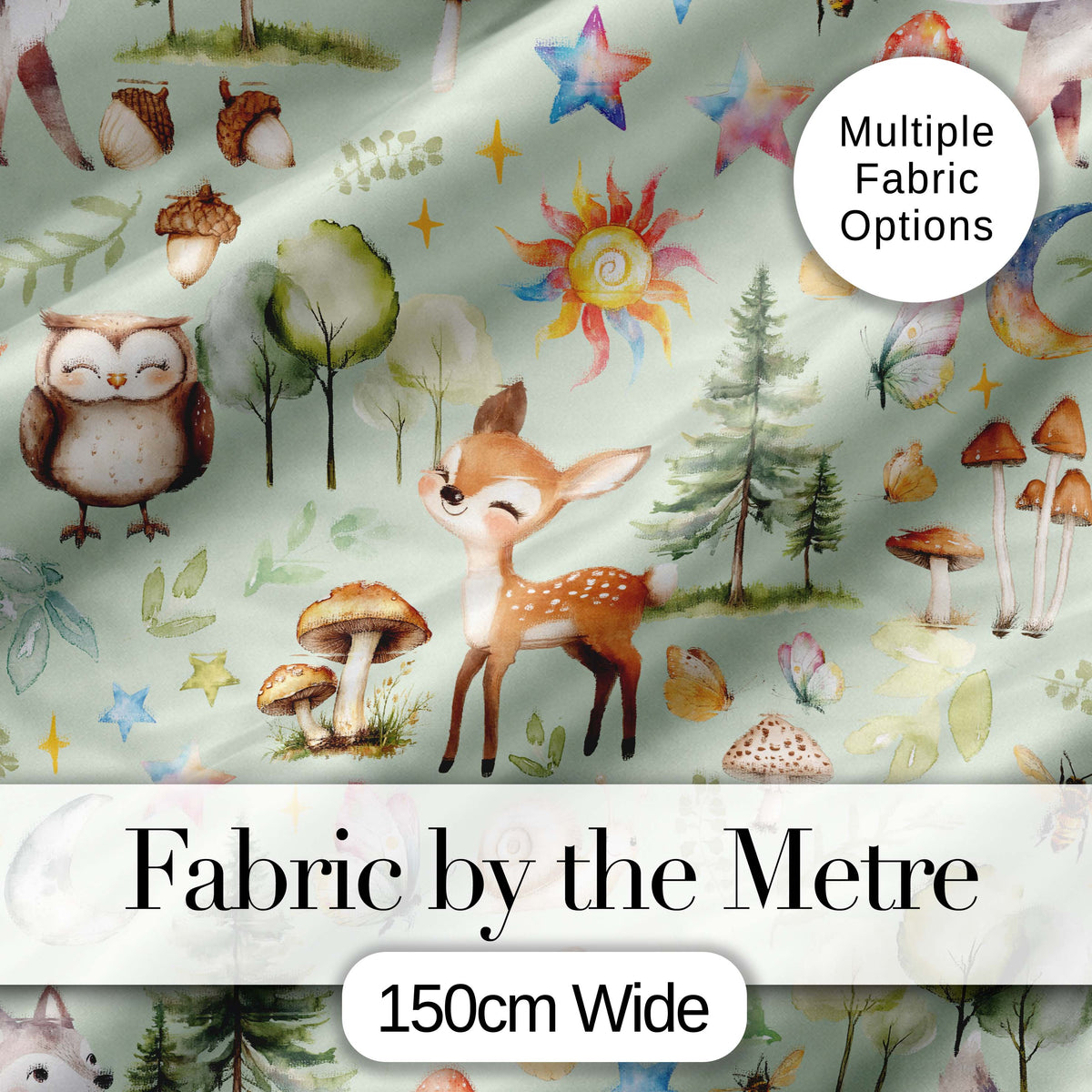 Woodland Deer Owl Mushrooms Stars on Sage Green Seamless Pattern Digital Print Fabric by the Metre UK Sewing Quilting Textile