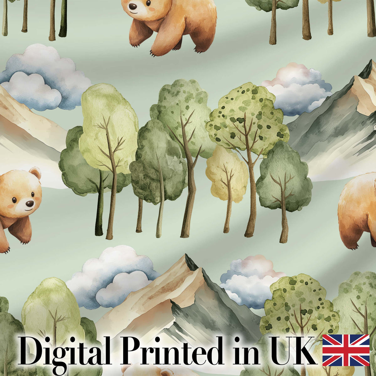 Forest Bear Trees Mountains Clouds on Sage Green Seamless Pattern Digital Print Fabric by the Metre UK Sewing Quilting Textile
