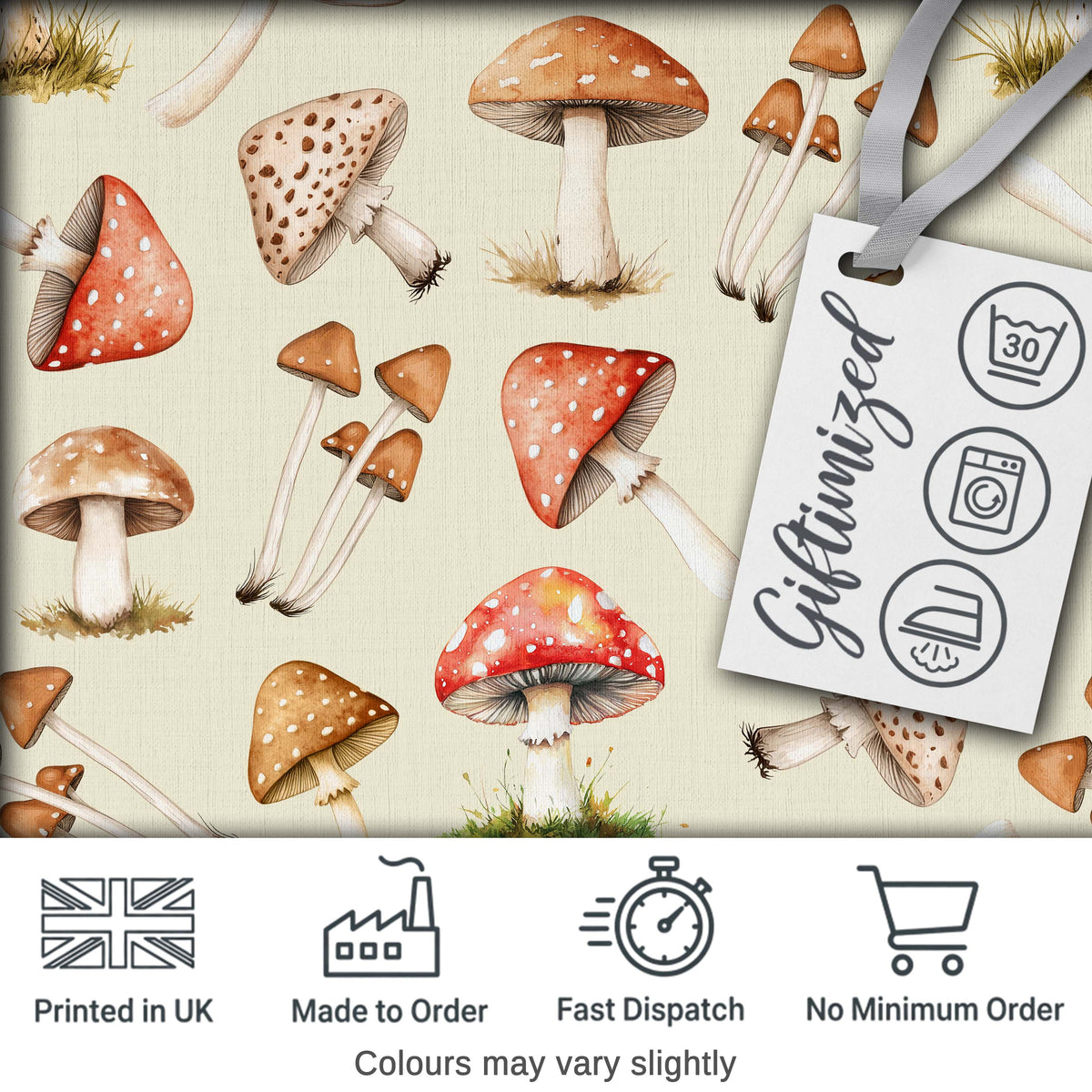 Watercolor Forest Mushrooms Botanical Elements on Soft Beige Seamless Pattern Digital Print Fabric by the Metre UK Sewing Quilting Textile