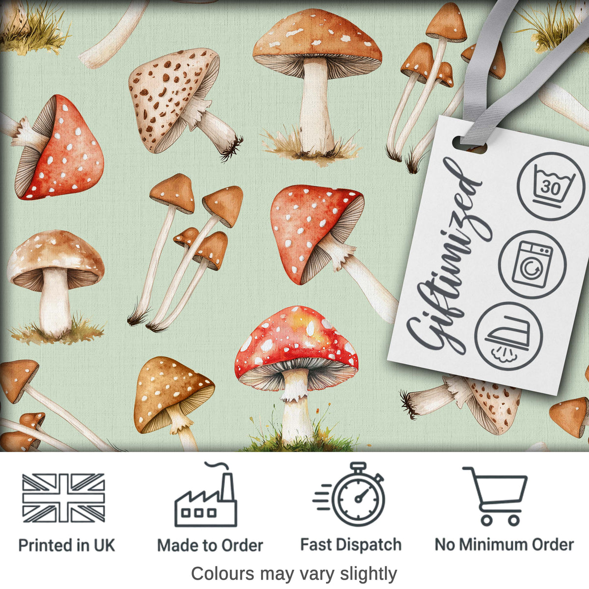 Watercolor Forest Mushrooms Botanical Elements on Sage Green Seamless Pattern Digital Print Fabric by the Metre UK Sewing Quilting Textile