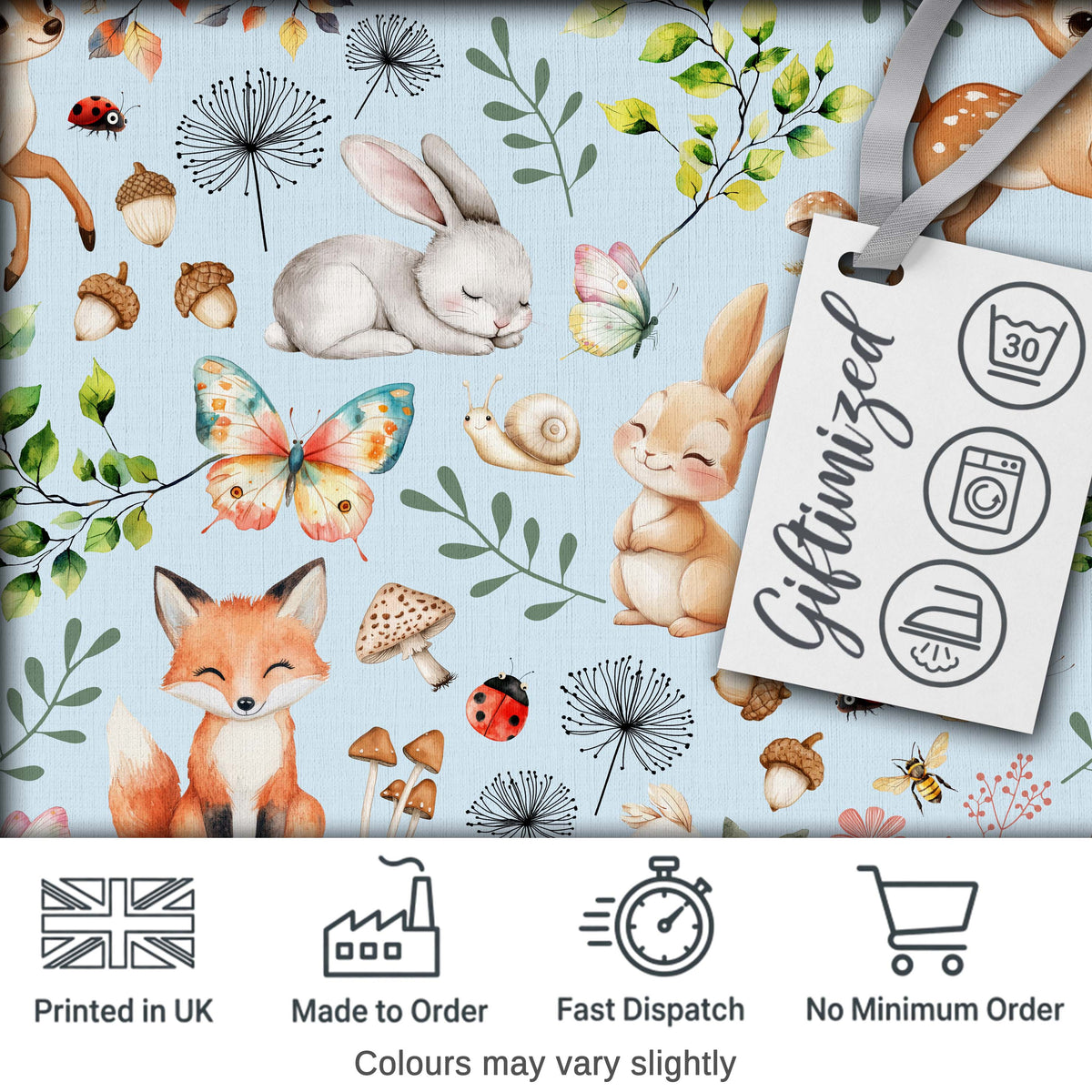 Woodland Animals Rabbit Fox Butterfly Leaves on Soft Blue Seamless Pattern Digital Print Fabric by the Metre UK Sewing Quilting Textile