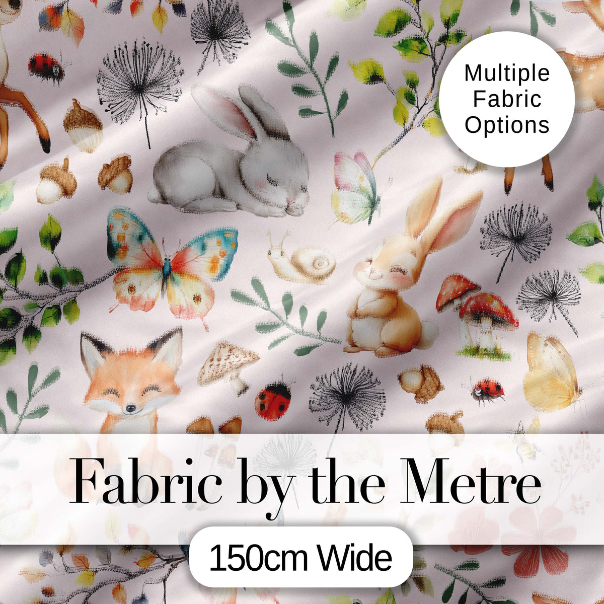 Woodland Animals Rabbit Fox Butterfly Leaves on Blush Pink Seamless Pattern Digital Print Fabric by the Metre UK Sewing Quilting Textile