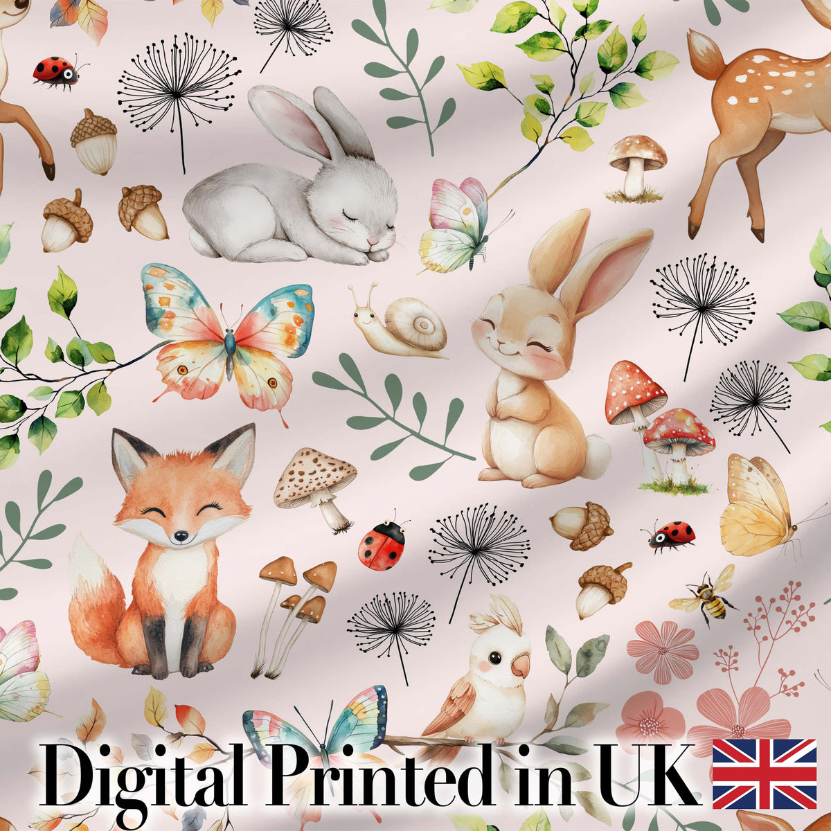 Woodland Animals Rabbit Fox Butterfly Leaves on Blush Pink Seamless Pattern Digital Print Fabric by the Metre UK Sewing Quilting Textile