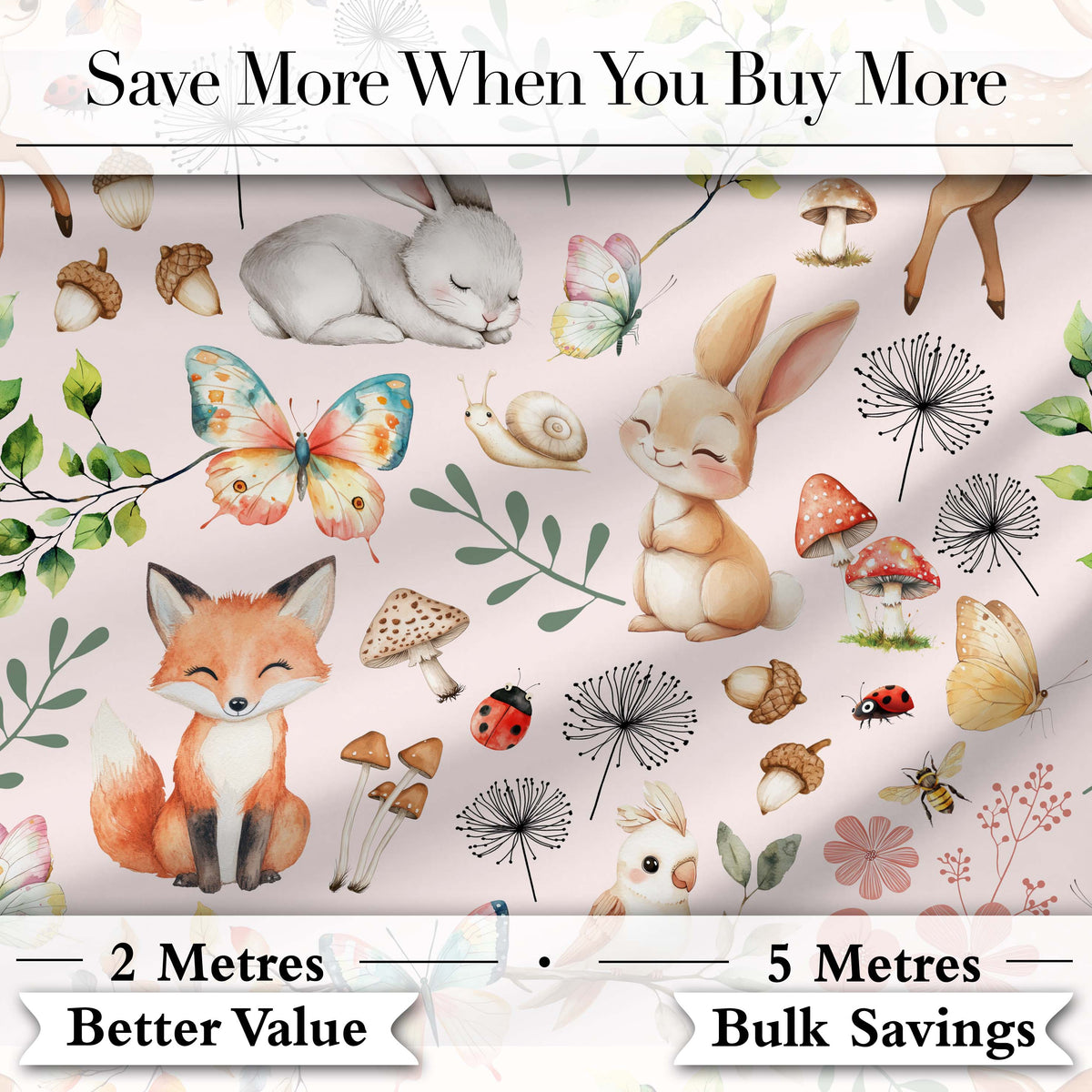 Woodland Animals Rabbit Fox Butterfly Leaves on Blush Pink Seamless Pattern Digital Print Fabric by the Metre UK Sewing Quilting Textile