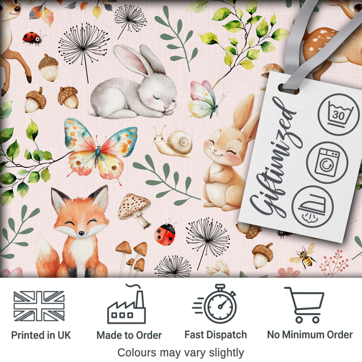 Woodland Animals Rabbit Fox Butterfly Leaves on Blush Pink Seamless Pattern Digital Print Fabric by the Metre UK Sewing Quilting Textile