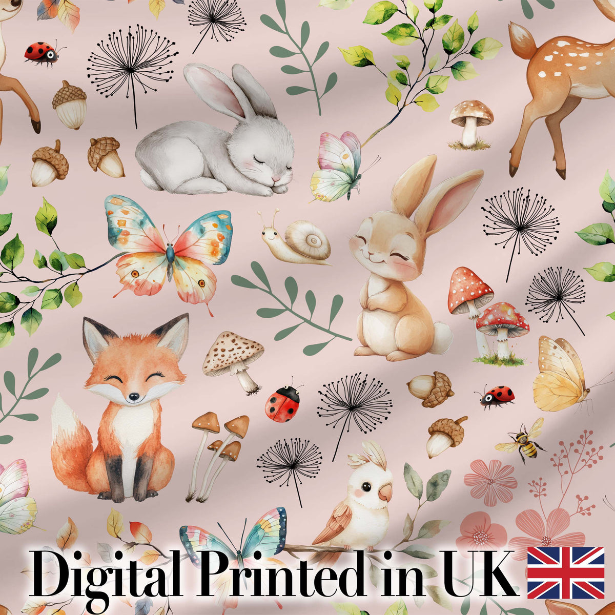 Animals Rabbit Fox Butterfly Floral Elements on Blush Pink Seamless Pattern Digital Print Fabric by the Metre UK Sewing Quilting Textile