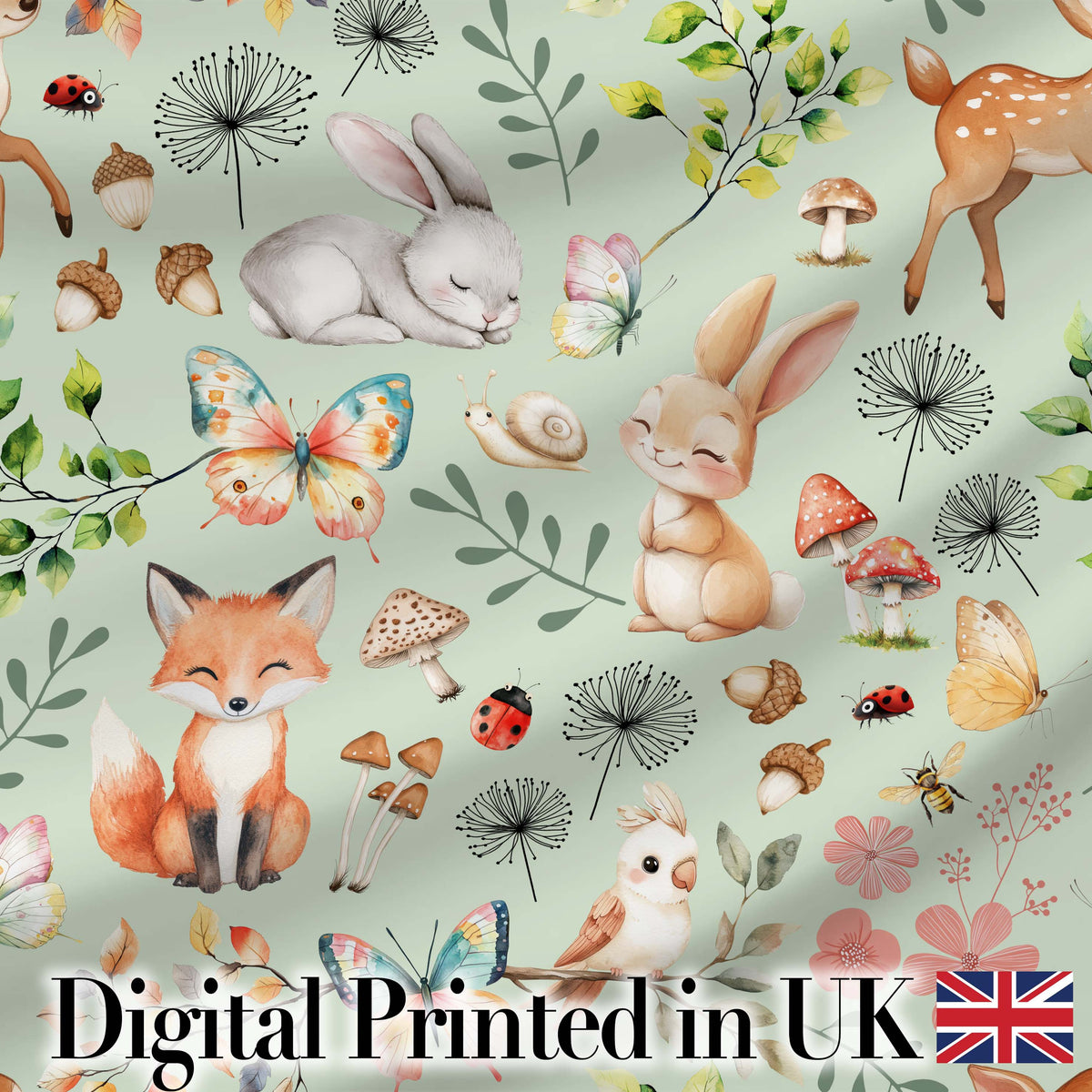 Animals Rabbit Fox Butterfly Floral Elements on Sage Green Seamless Pattern Digital Print Fabric by the Metre UK Sewing Quilting Textile