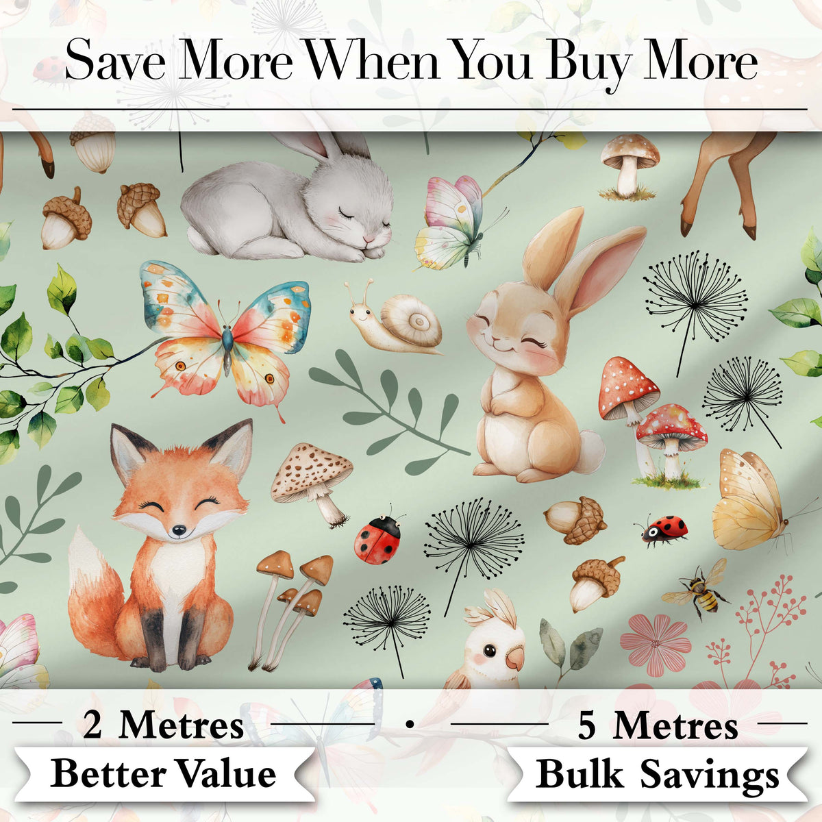 Animals Rabbit Fox Butterfly Floral Elements on Sage Green Seamless Pattern Digital Print Fabric by the Metre UK Sewing Quilting Textile