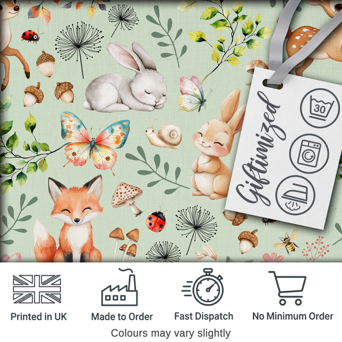 Animals Rabbit Fox Butterfly Floral Elements on Sage Green Seamless Pattern Digital Print Fabric by the Metre UK Sewing Quilting Textile
