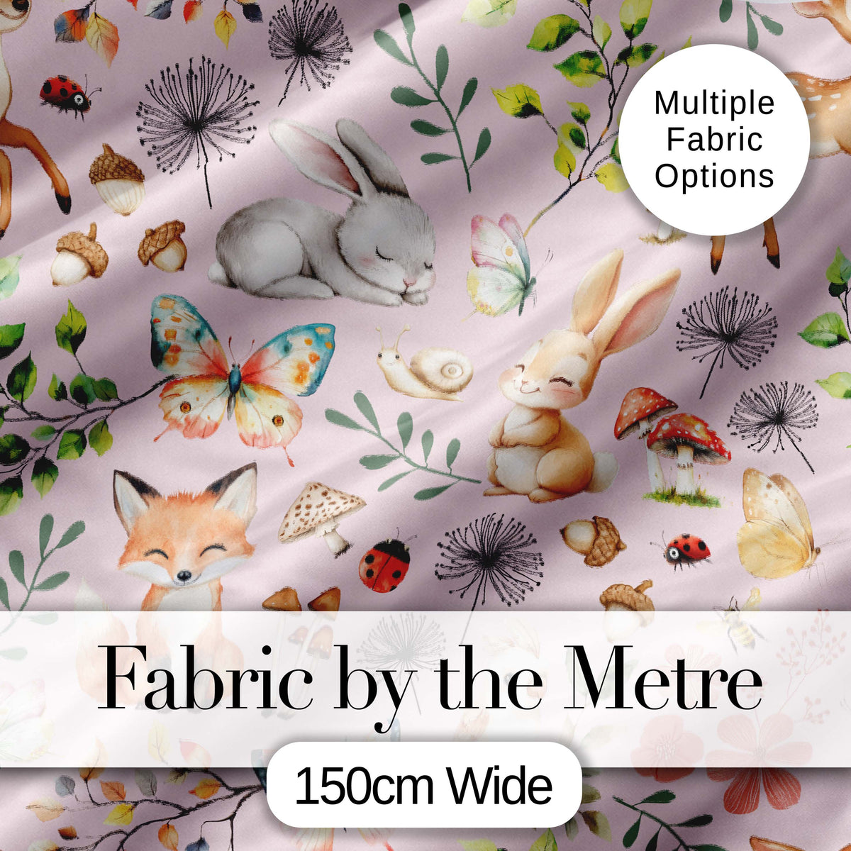 Animals Rabbit Fox Butterfly Floral Elements on Soft Lilac Seamless Pattern Digital Print Fabric by the Metre UK Sewing Quilting Textile