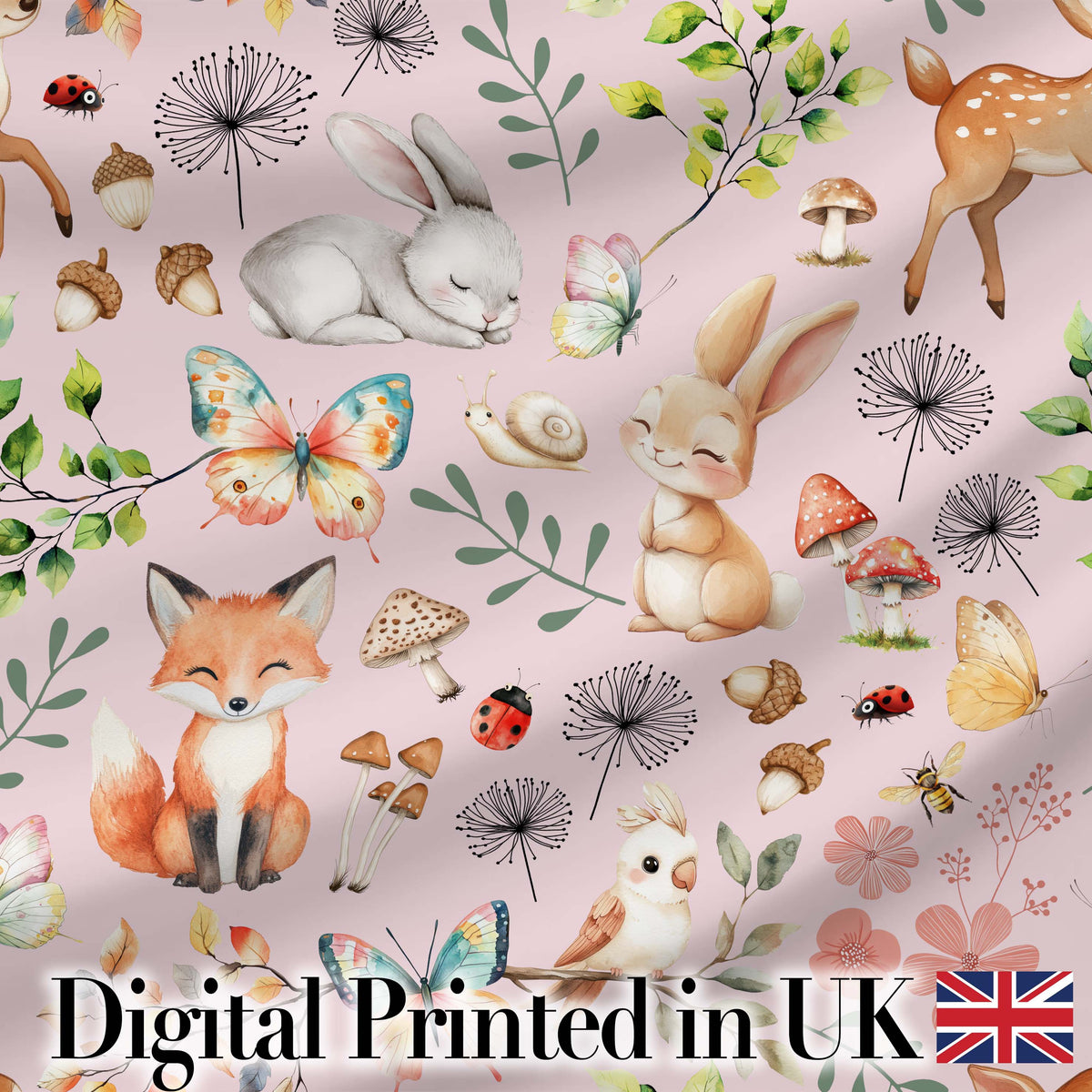 Animals Rabbit Fox Butterfly Floral Elements on Soft Lilac Seamless Pattern Digital Print Fabric by the Metre UK Sewing Quilting Textile