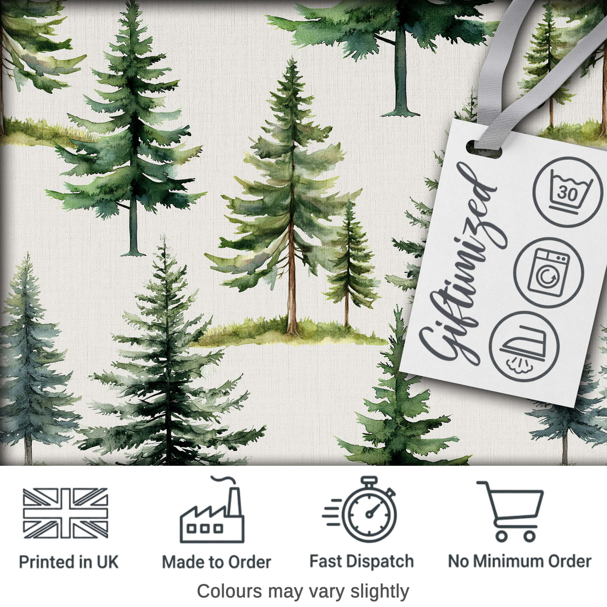 Pine Tree Forest Evergreen Woodland Nature on Light Grey Seamless Pattern Digital Print Fabric by the Metre UK Sewing Quilting Textile