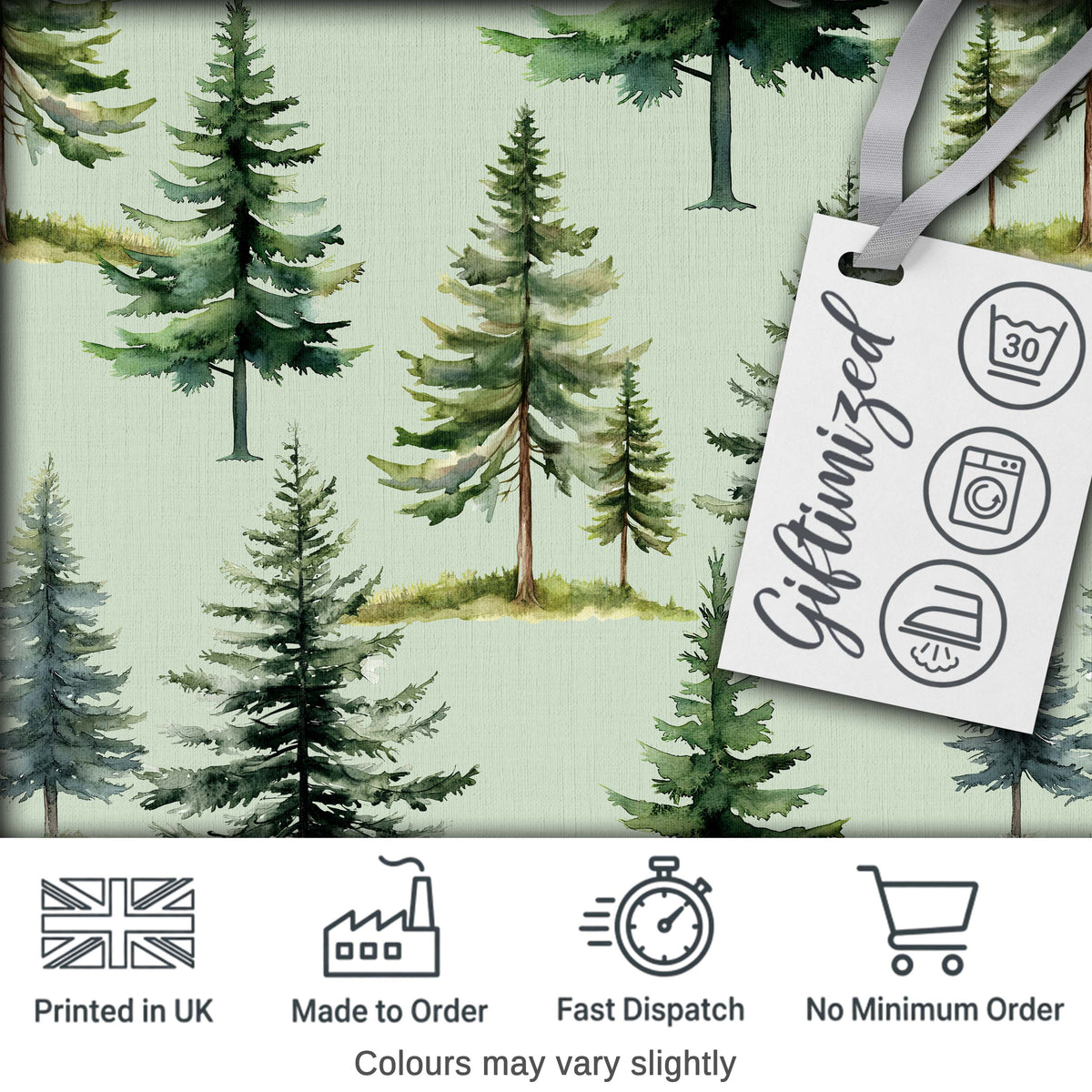 Pine Tree Forest Evergreen Woodland Nature on Sage Green Seamless Pattern Digital Print Fabric by the Metre UK Sewing Quilting Textile