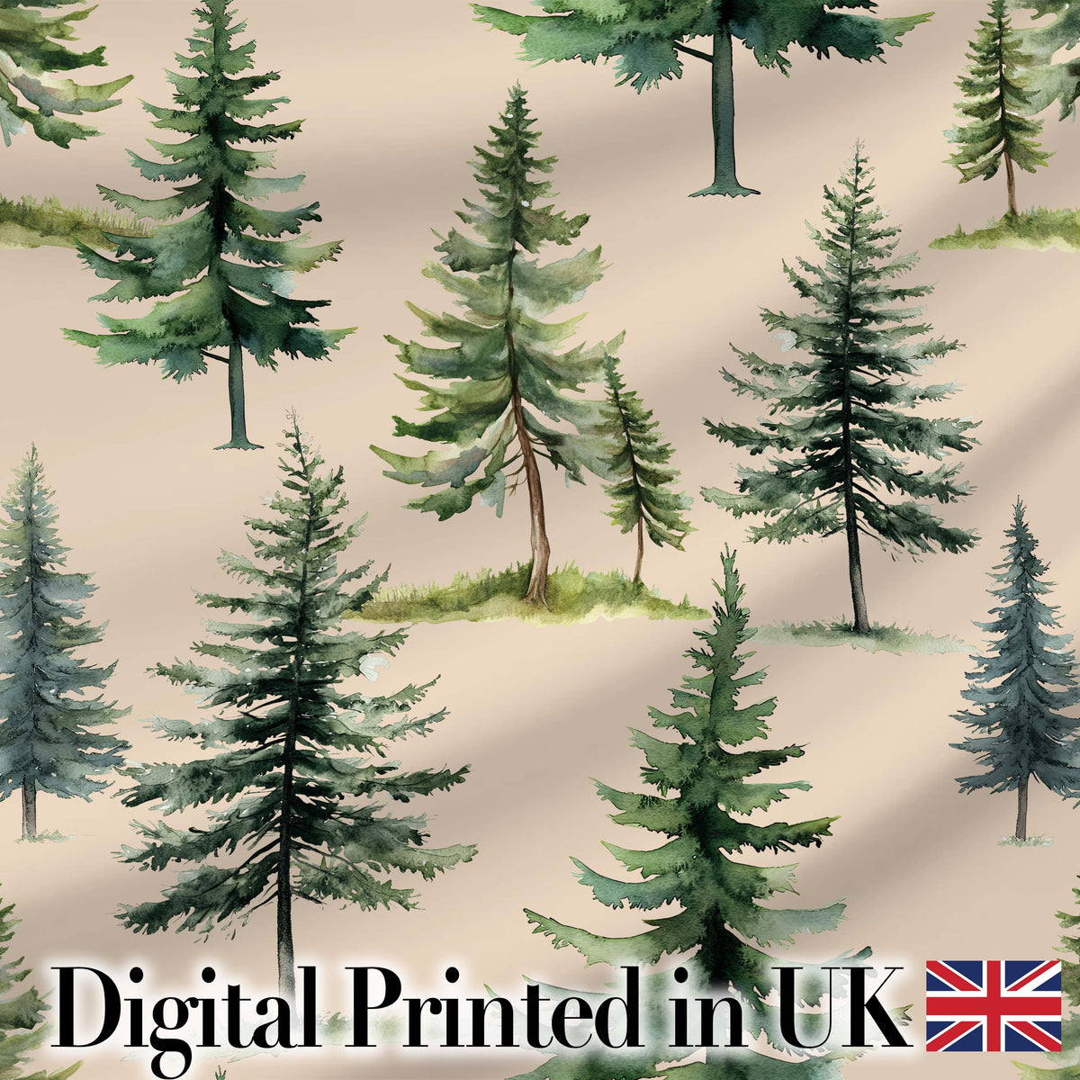 Watercolor Pine Tree Forest Woodland Nature Seamless Pattern Digital Print Fabric by the Metre UK Sewing Quilting Textile