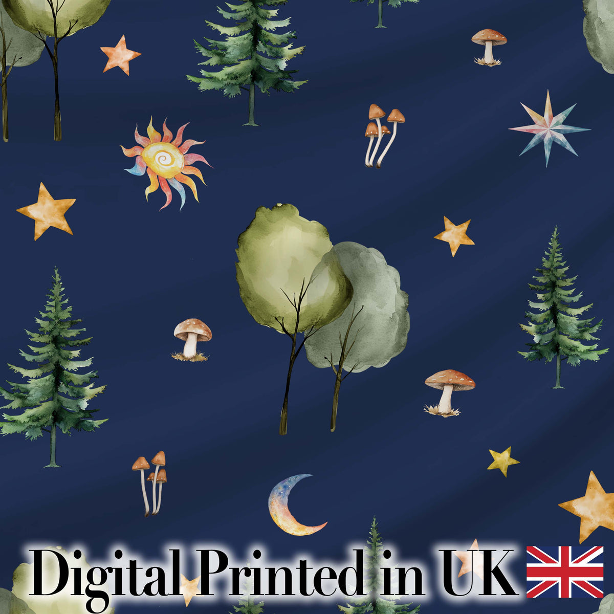 Watercolor Forest Trees Mushrooms Sun Moon Stars on Dark Blue Seamless Pattern Digital Print Fabric by the Metre UK Sewing Quilting Textile
