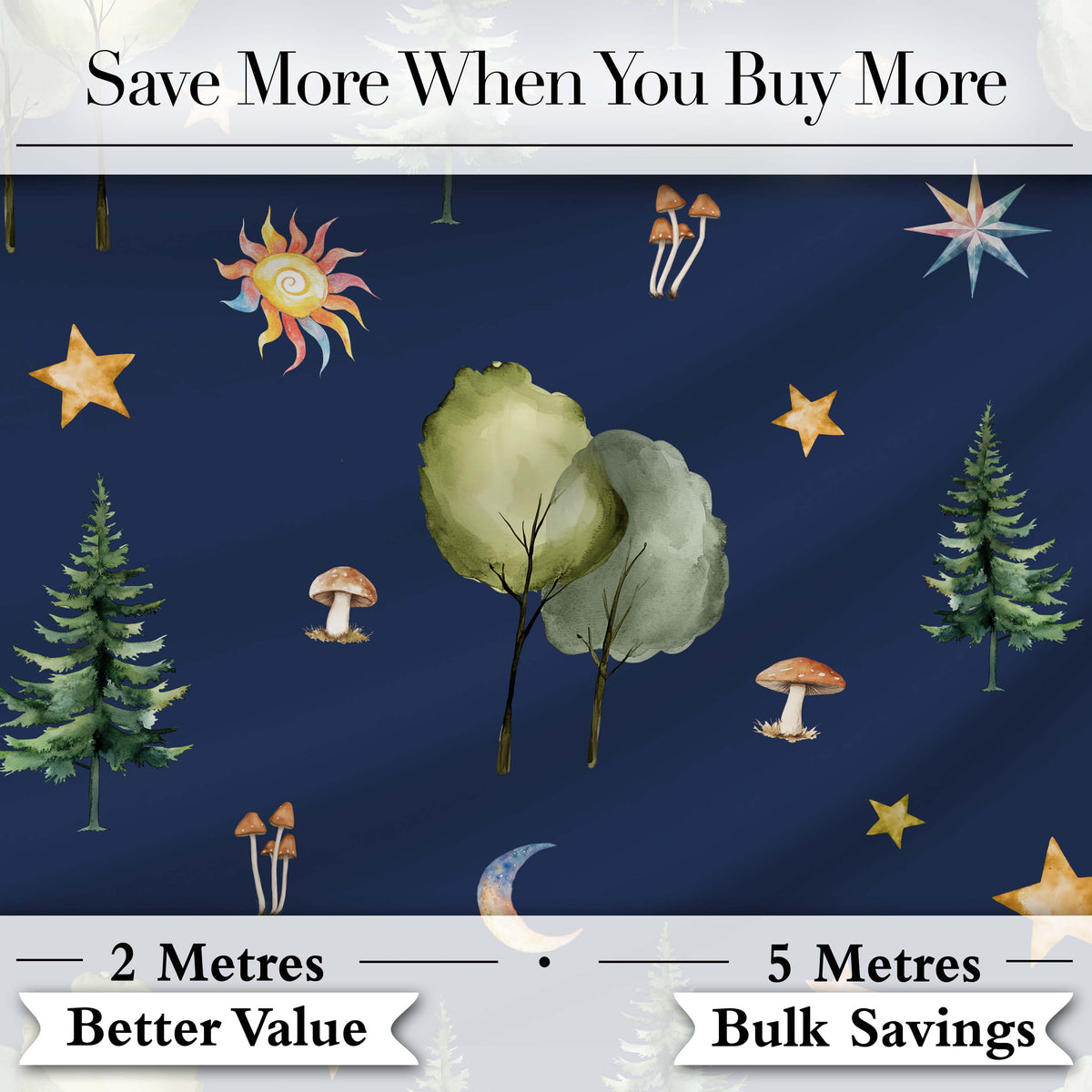 Watercolor Forest Trees Mushrooms Sun Moon Stars on Dark Blue Seamless Pattern Digital Print Fabric by the Metre UK Sewing Quilting Textile