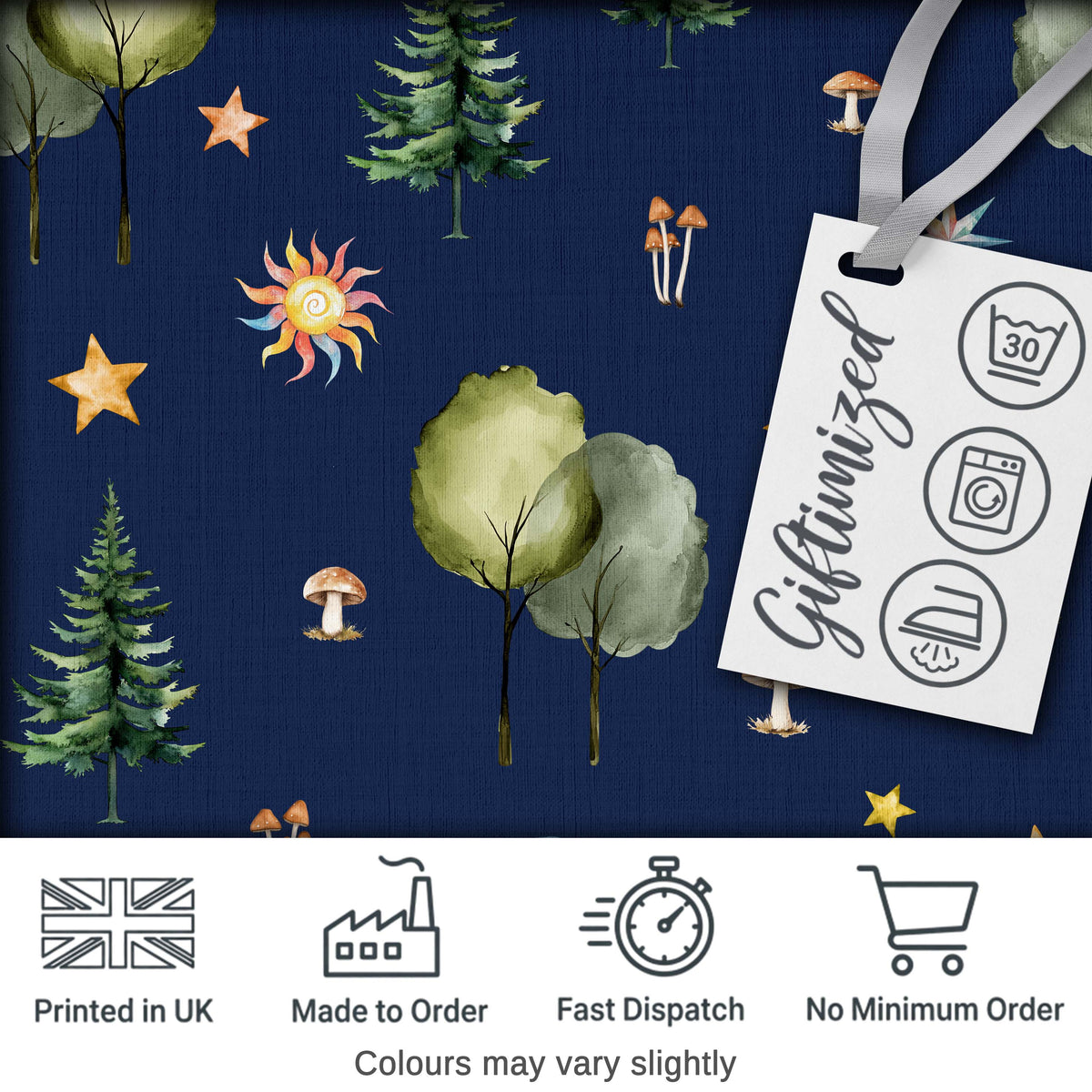 Watercolor Forest Trees Mushrooms Sun Moon Stars on Dark Blue Seamless Pattern Digital Print Fabric by the Metre UK Sewing Quilting Textile
