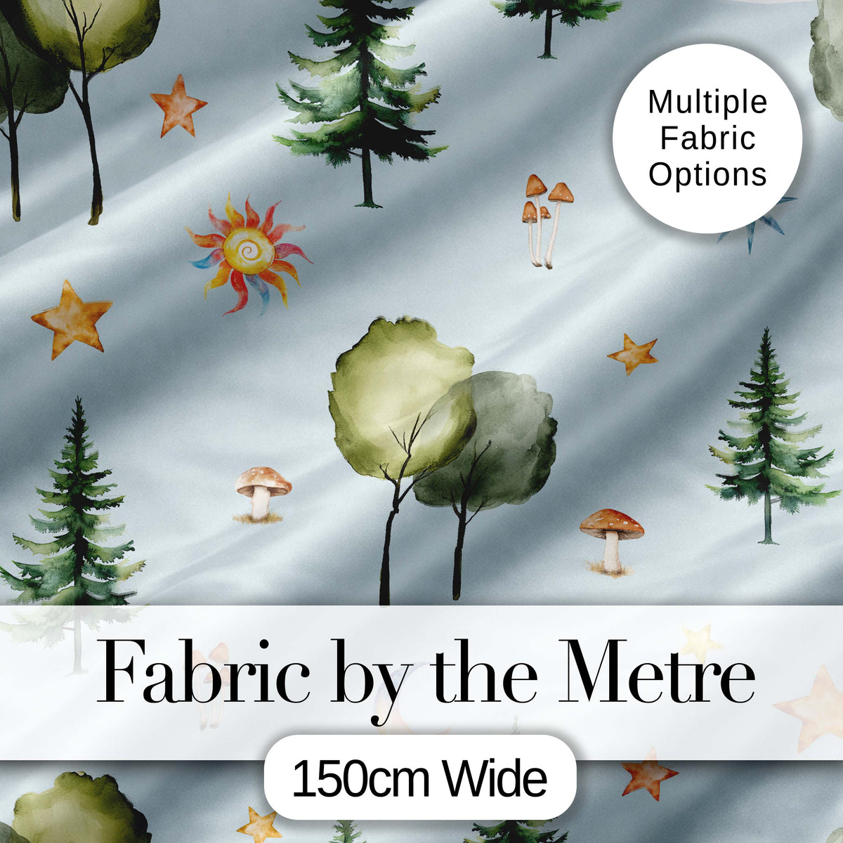 Watercolor Forest Trees Mushrooms Sun Moon Stars on Sky Blue Seamless Pattern Digital Print Fabric by the Metre UK Sewing Quilting Textile