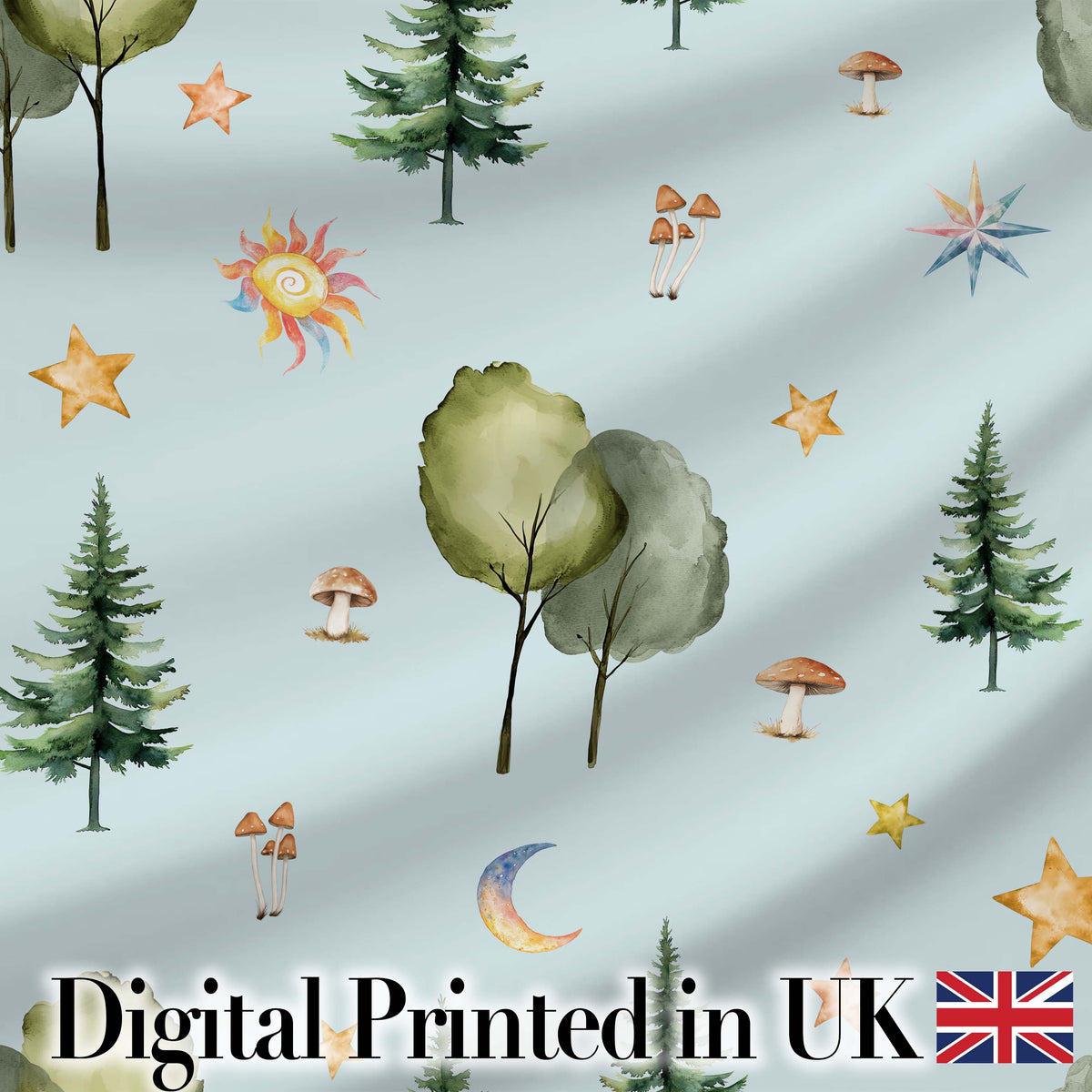 Watercolor Forest Trees Mushrooms Sun Moon Stars on Sky Blue Seamless Pattern Digital Print Fabric by the Metre UK Sewing Quilting Textile