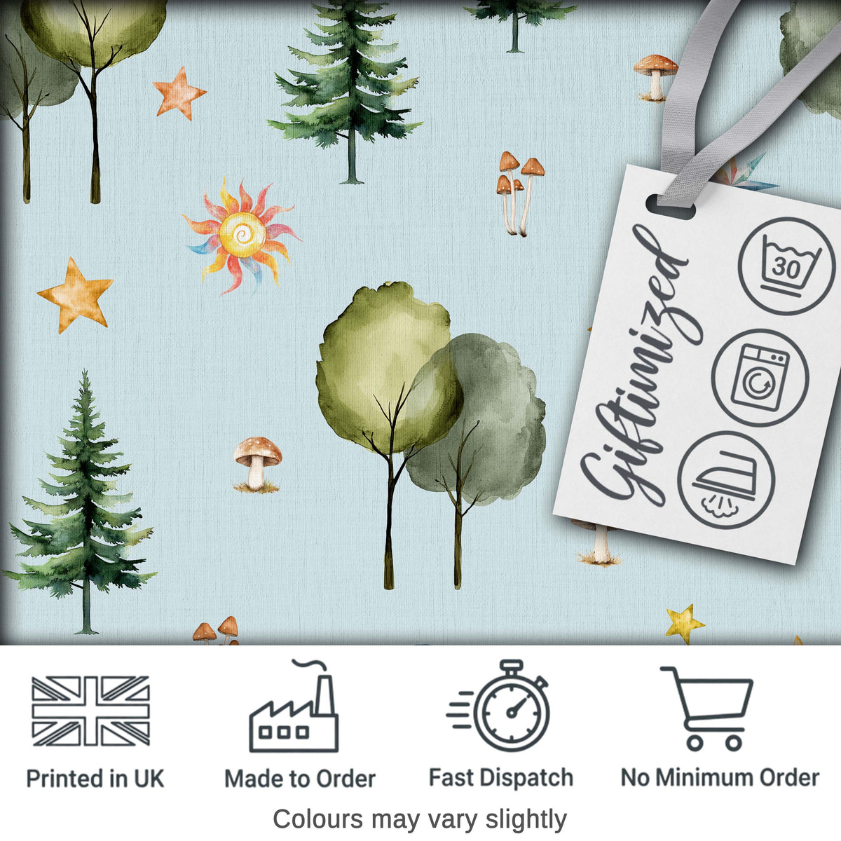 Watercolor Forest Trees Mushrooms Sun Moon Stars on Sky Blue Seamless Pattern Digital Print Fabric by the Metre UK Sewing Quilting Textile