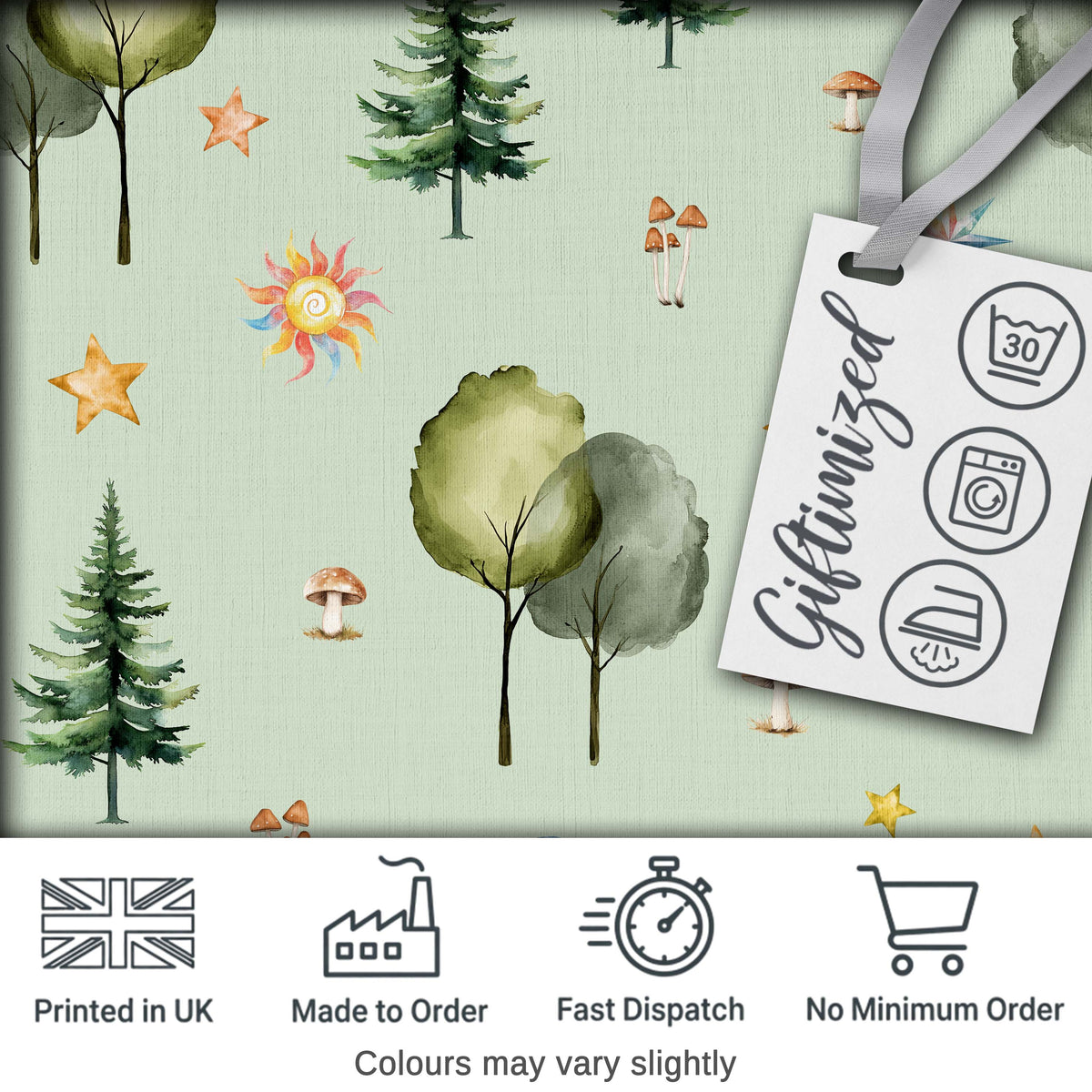 Watercolor Forest Trees Mushrooms Sun Moon Stars on Sage Green Seamless Pattern Digital Print Fabric by the Metre UK Sewing Quilting Textile
