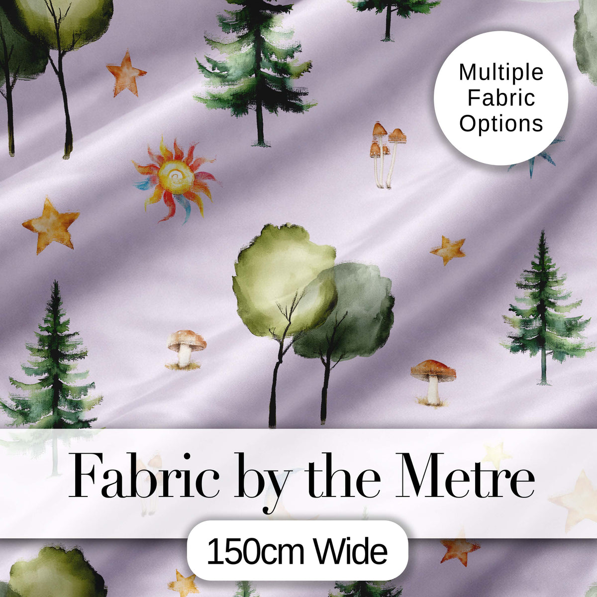 Watercolor Forest Trees Mushrooms Sun Moon Stars on Soft Lilac Seamless Pattern Digital Print Fabric by the Metre UK Sewing Quilting Textile