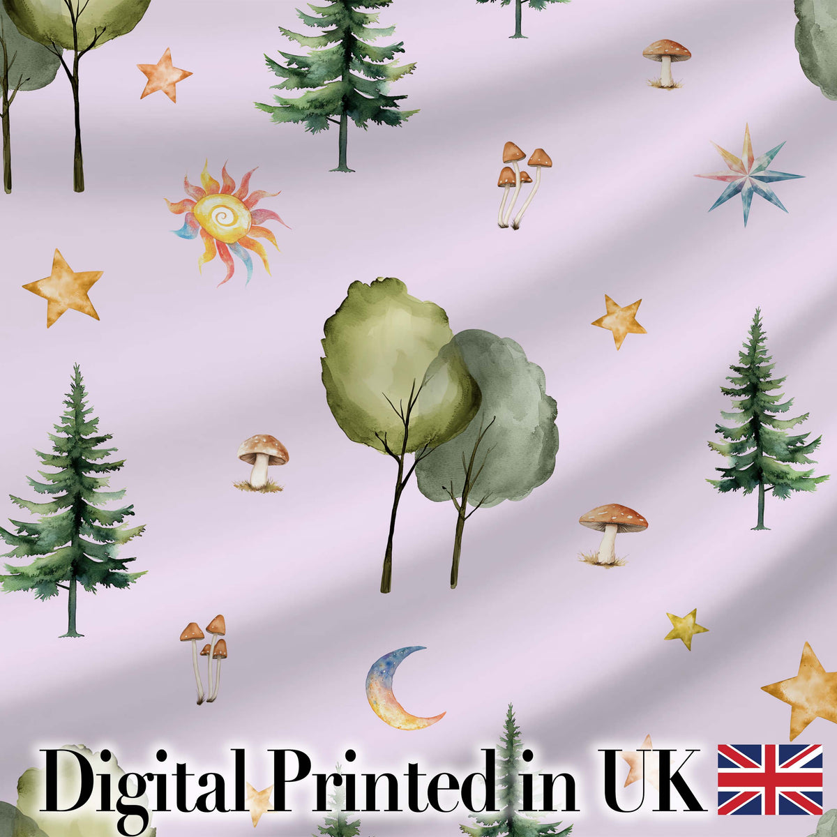 Watercolor Forest Trees Mushrooms Sun Moon Stars on Soft Lilac Seamless Pattern Digital Print Fabric by the Metre UK Sewing Quilting Textile