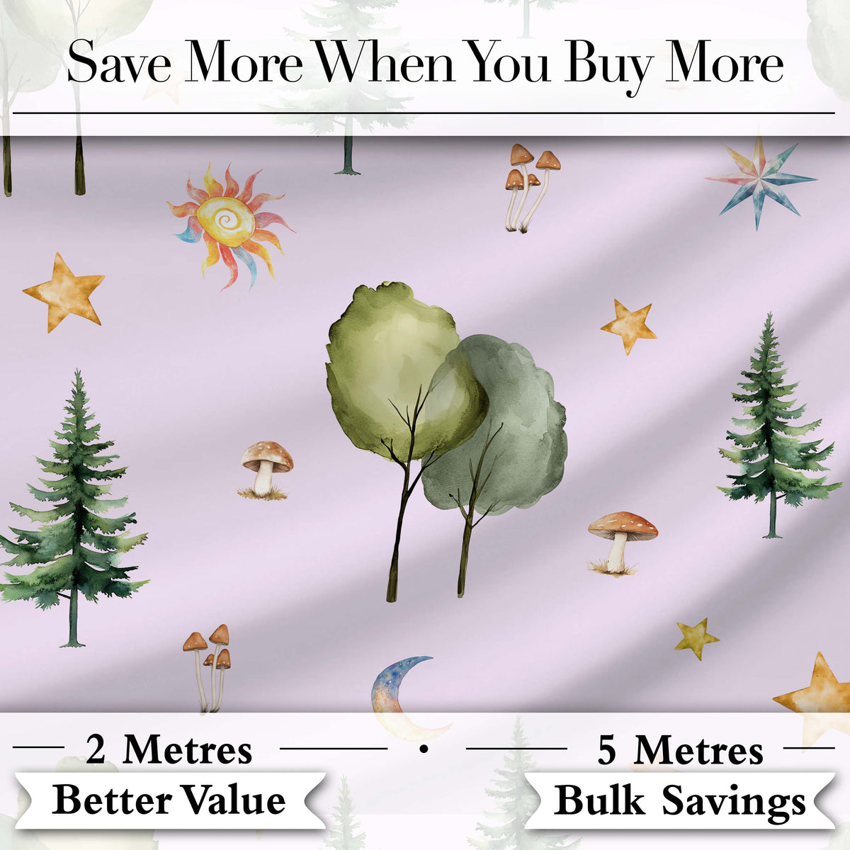 Watercolor Forest Trees Mushrooms Sun Moon Stars on Soft Lilac Seamless Pattern Digital Print Fabric by the Metre UK Sewing Quilting Textile