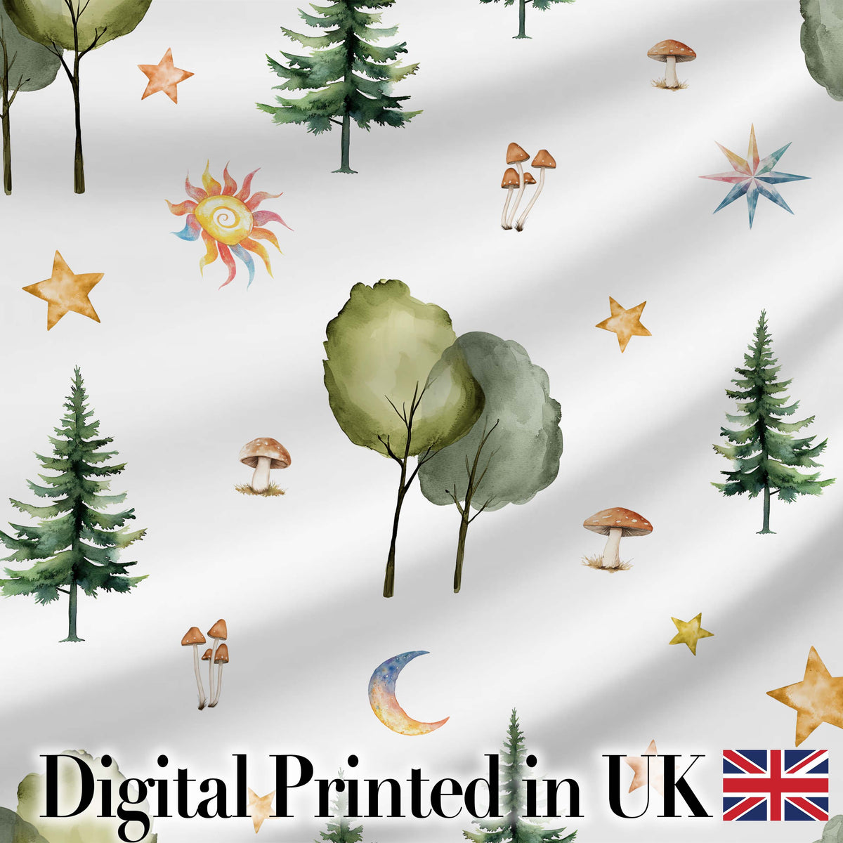Watercolor Forest Trees Mushrooms Sun Moon Stars on Light Grey Seamless Pattern Digital Print Fabric by the Metre UK Sewing Quilting Textile