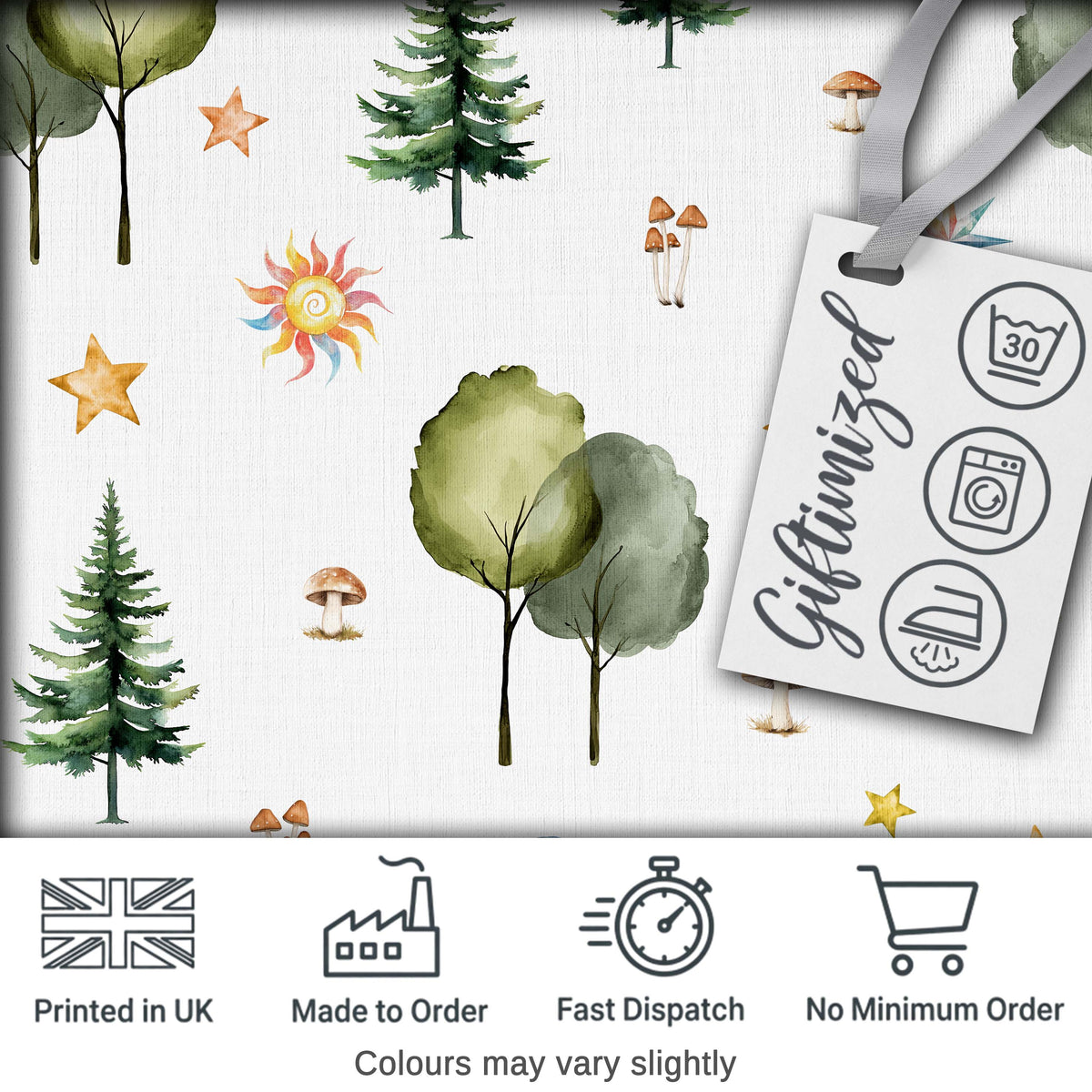 Watercolor Forest Trees Mushrooms Sun Moon Stars on Light Grey Seamless Pattern Digital Print Fabric by the Metre UK Sewing Quilting Textile