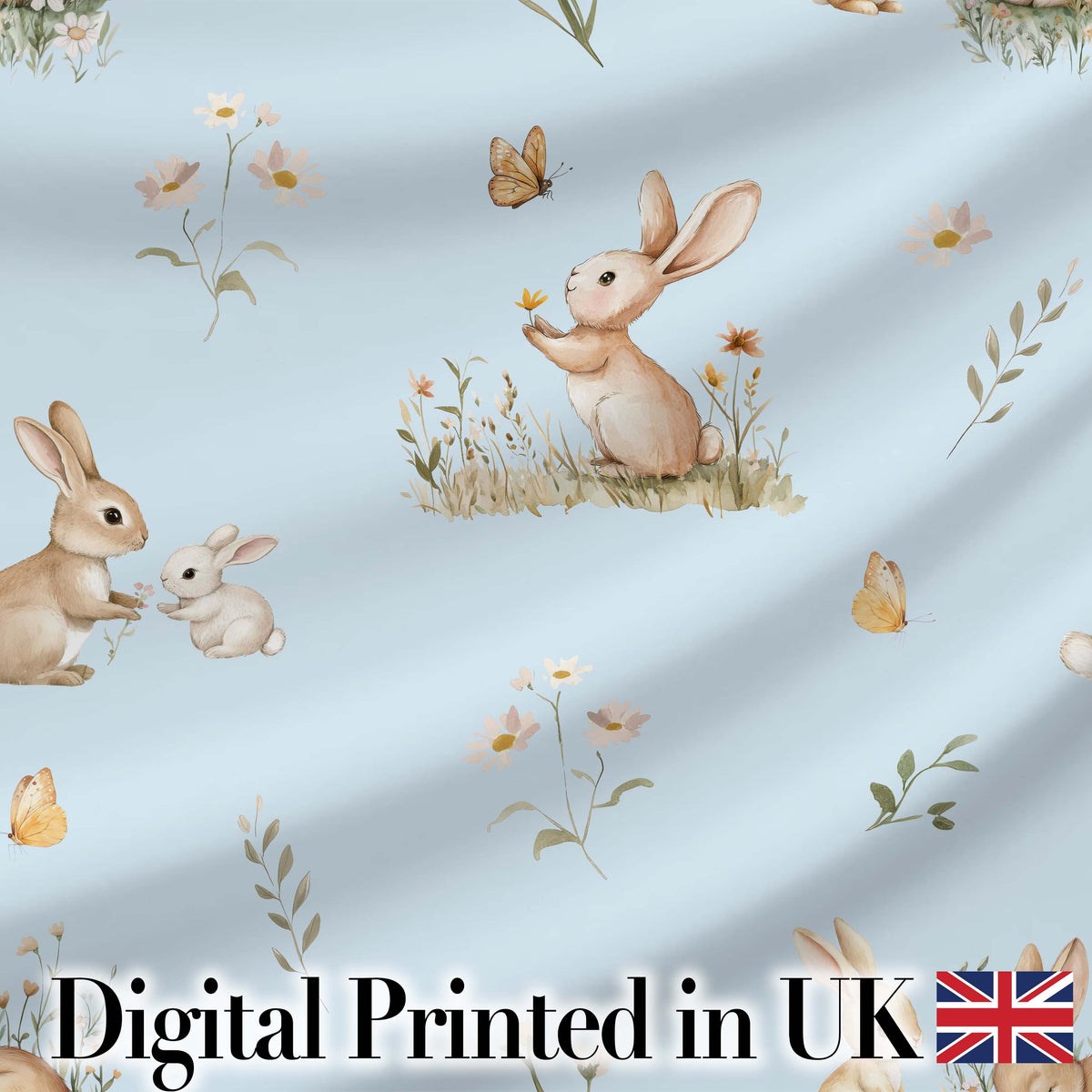 Watercolor Bunny Rabbits Butterflies Wildflowers on Sky Blue Seamless Pattern Digital Print Fabric by the Metre UK Sewing Quilting Textile