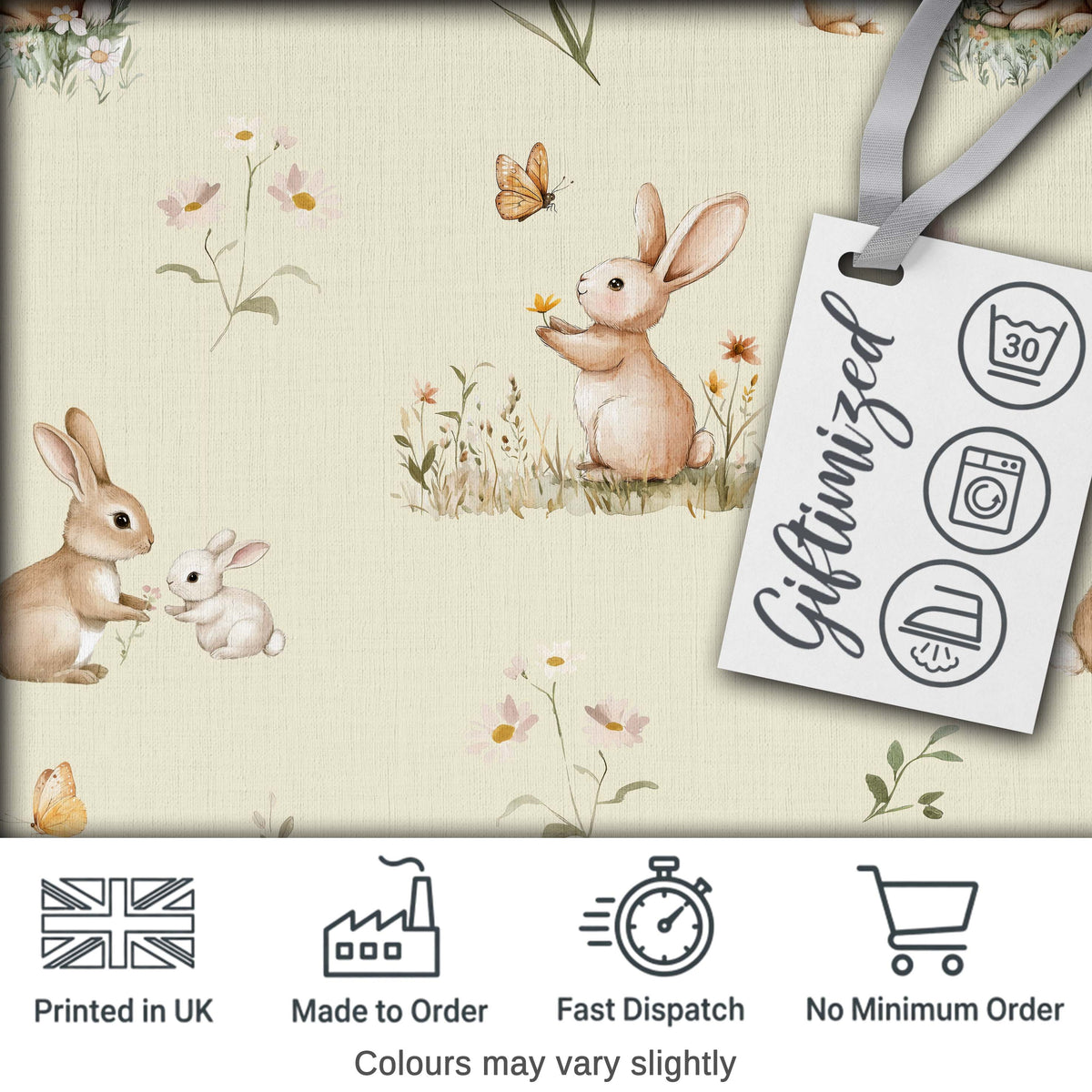 Watercolor Cute Bunny Rabbits Butterflies Wildflowers on Cream Seamless Pattern Digital Print Fabric by the Metre UK Sewing Quilting Textile