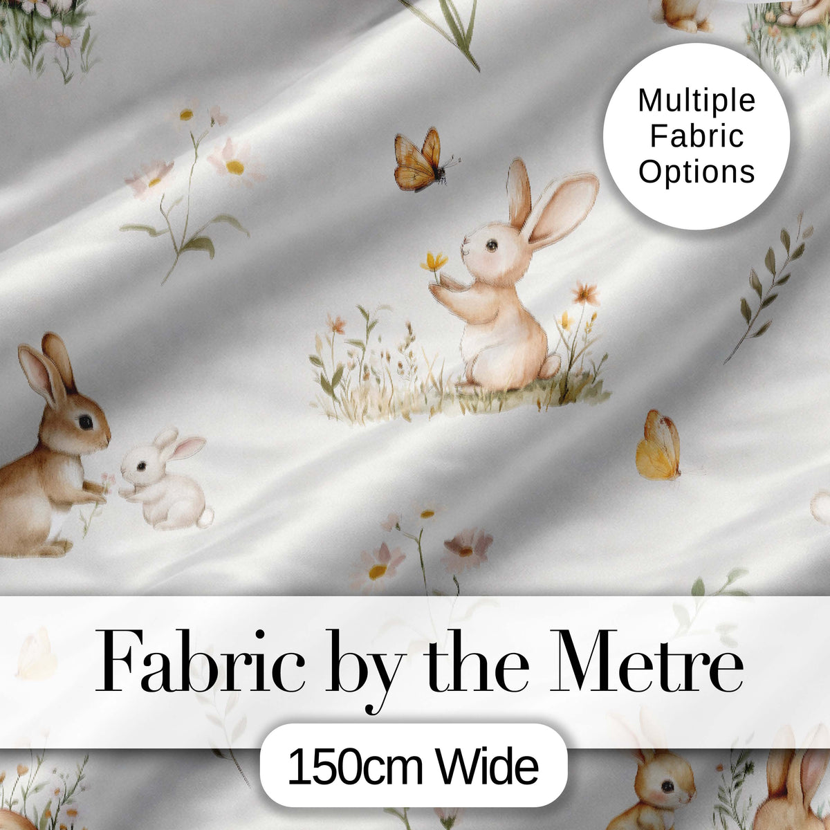 Watercolor Bunny Rabbits Butterflies Wildflowers on Soft Grey Seamless Pattern Digital Print Fabric by the Metre UK Sewing Quilting Textile