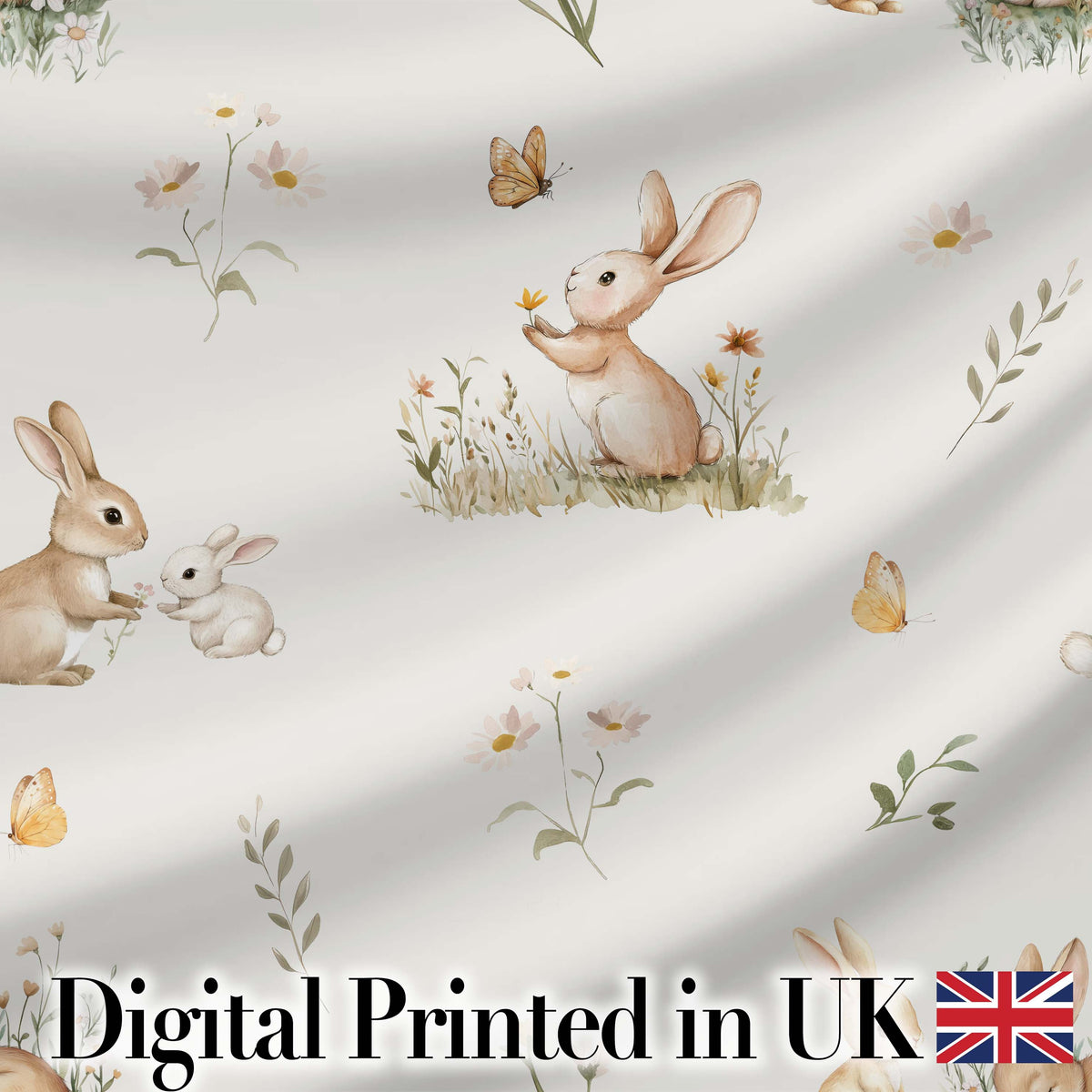Watercolor Bunny Rabbits Butterflies Wildflowers on Soft Grey Seamless Pattern Digital Print Fabric by the Metre UK Sewing Quilting Textile