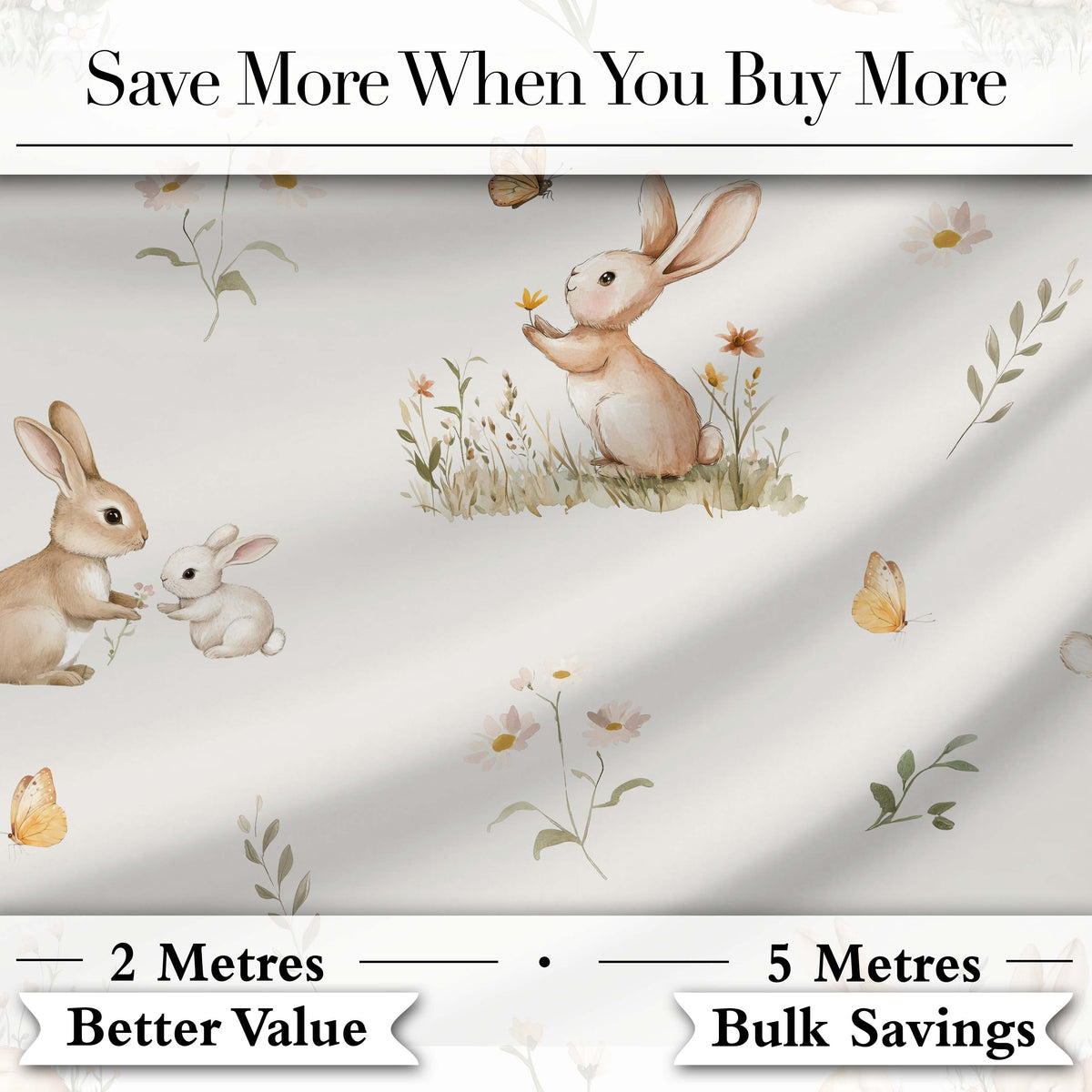 Watercolor Bunny Rabbits Butterflies Wildflowers on Soft Grey Seamless Pattern Digital Print Fabric by the Metre UK Sewing Quilting Textile