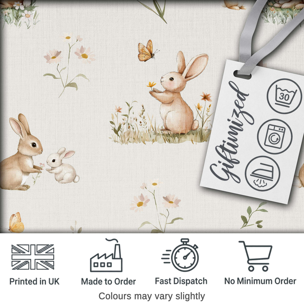 Watercolor Bunny Rabbits Butterflies Wildflowers on Soft Grey Seamless Pattern Digital Print Fabric by the Metre UK Sewing Quilting Textile