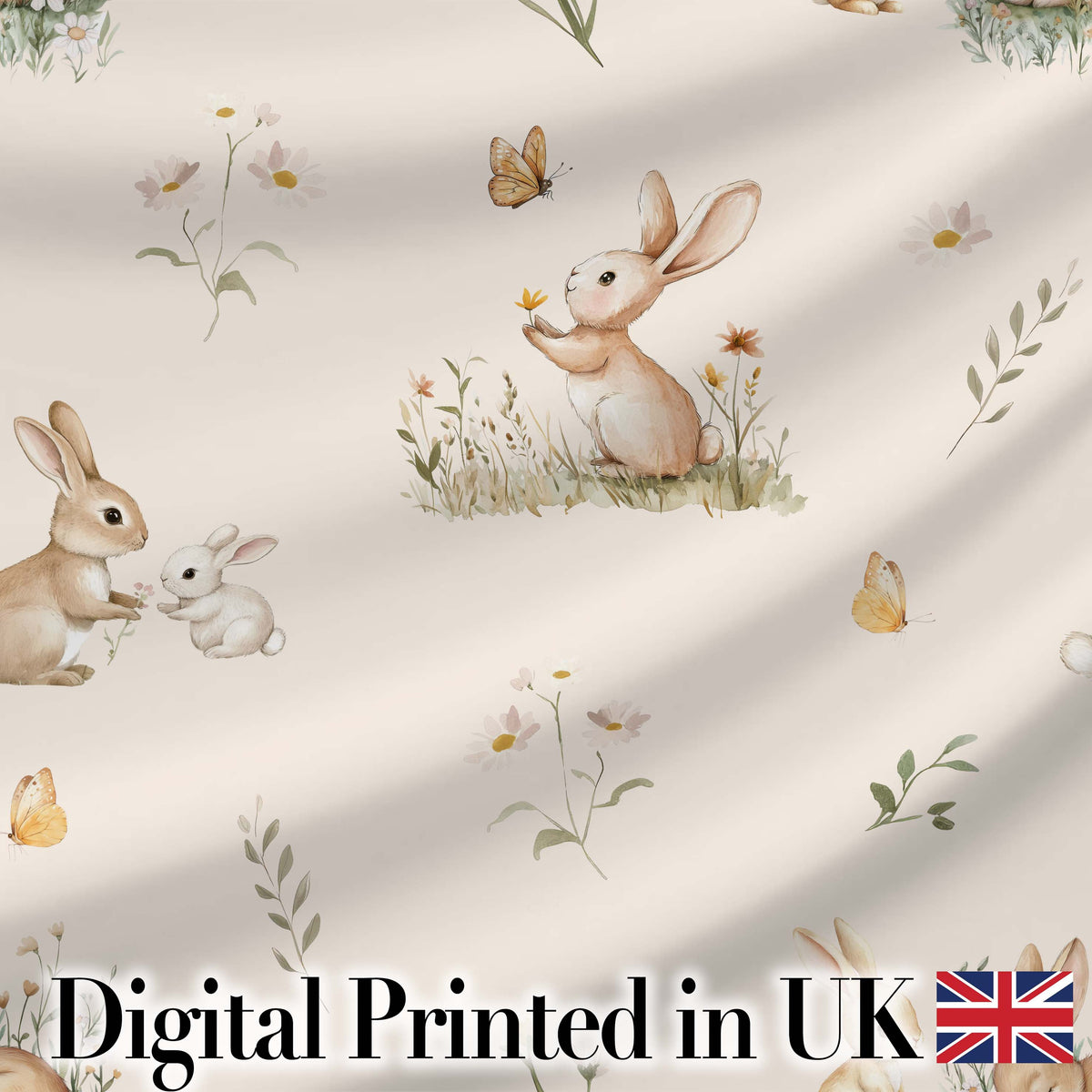 Watercolor Bunny Butterfly Floral Meadow Seamless Pattern Digital Print Fabric by the Metre UK Sewing Quilting Textile