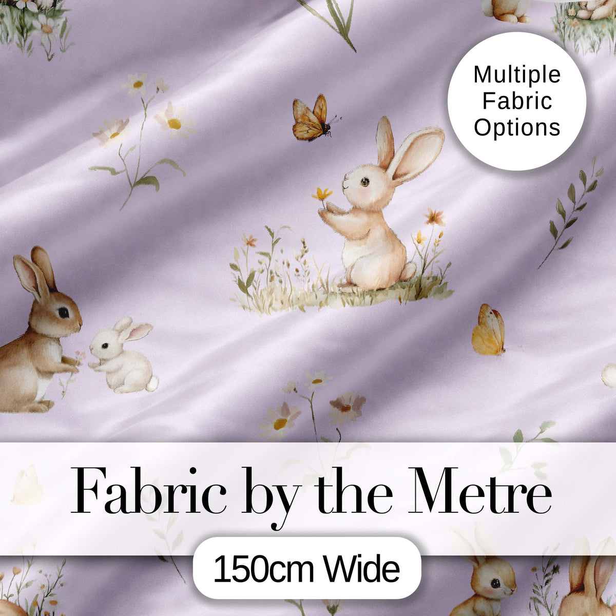 Watercolor Bunny Butterfly Floral Meadow Pale Lilac Pattern Digital Print Fabric by the Metre UK Sewing Quilting Textile