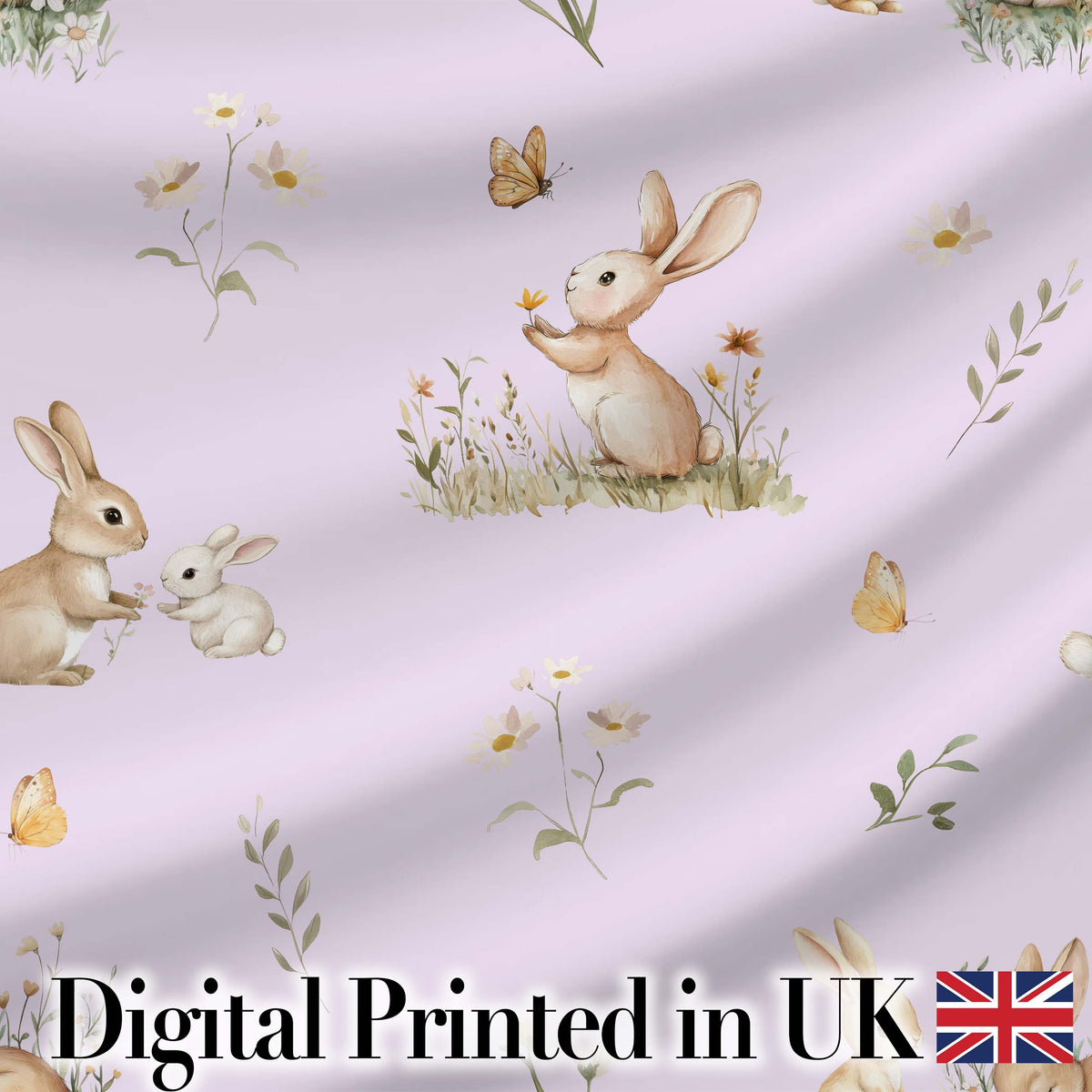 Watercolor Bunny Butterfly Floral Meadow Pale Lilac Pattern Digital Print Fabric by the Metre UK Sewing Quilting Textile